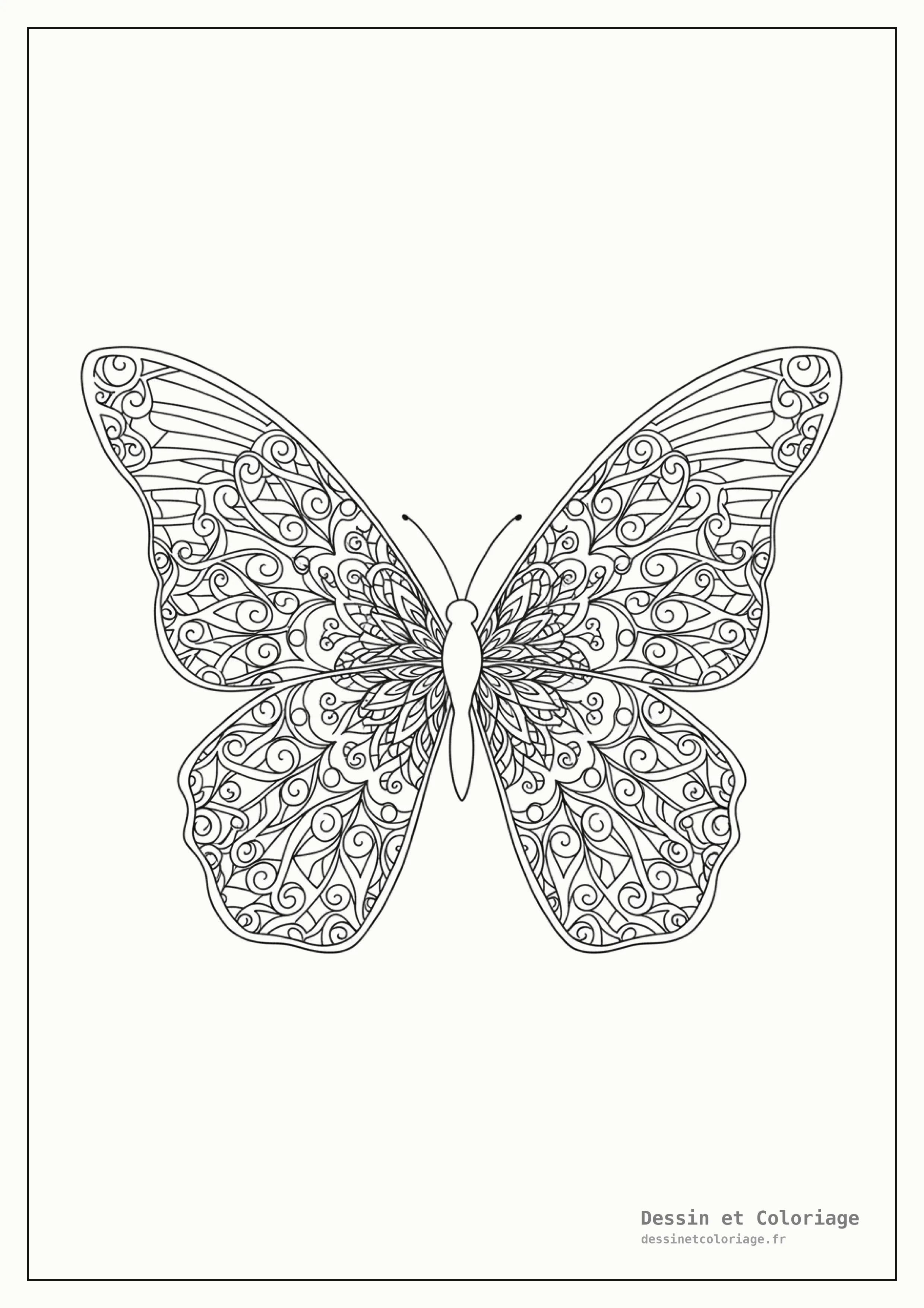 coloriage papillon mandala — Papillon aux ailes sombres et complexes, décorées de motifs de mandala gothiques, pour une ambiance mystérieuse.