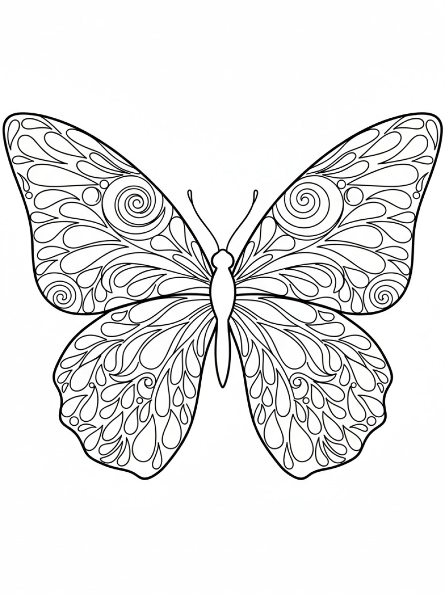 Coloriage papillon mandala gouttes spirales