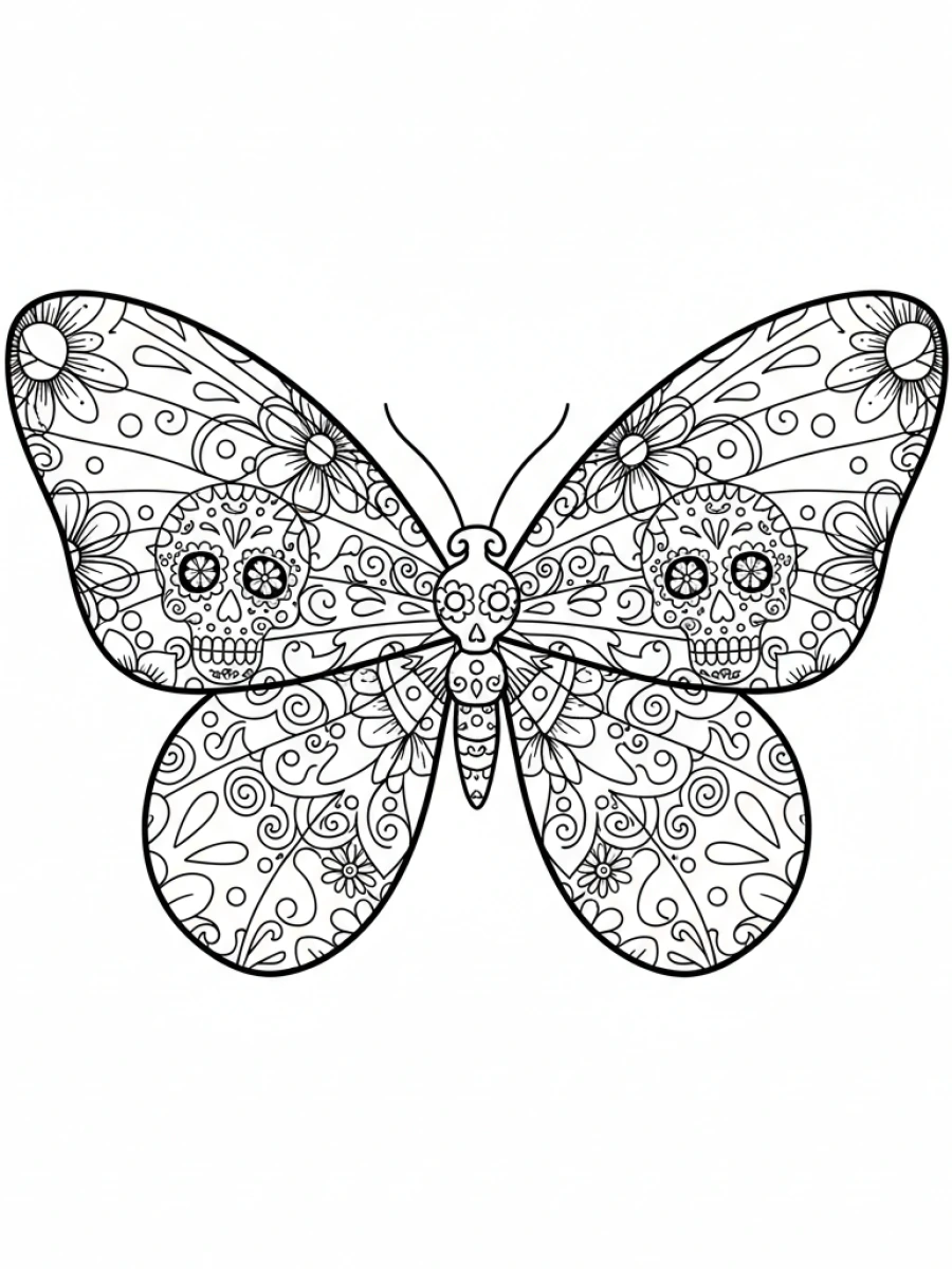 coloriage papillon mandala — Papillon aux ailes décorées de motifs de Calavera mexicains en mandala, pour une célébration joyeuse.