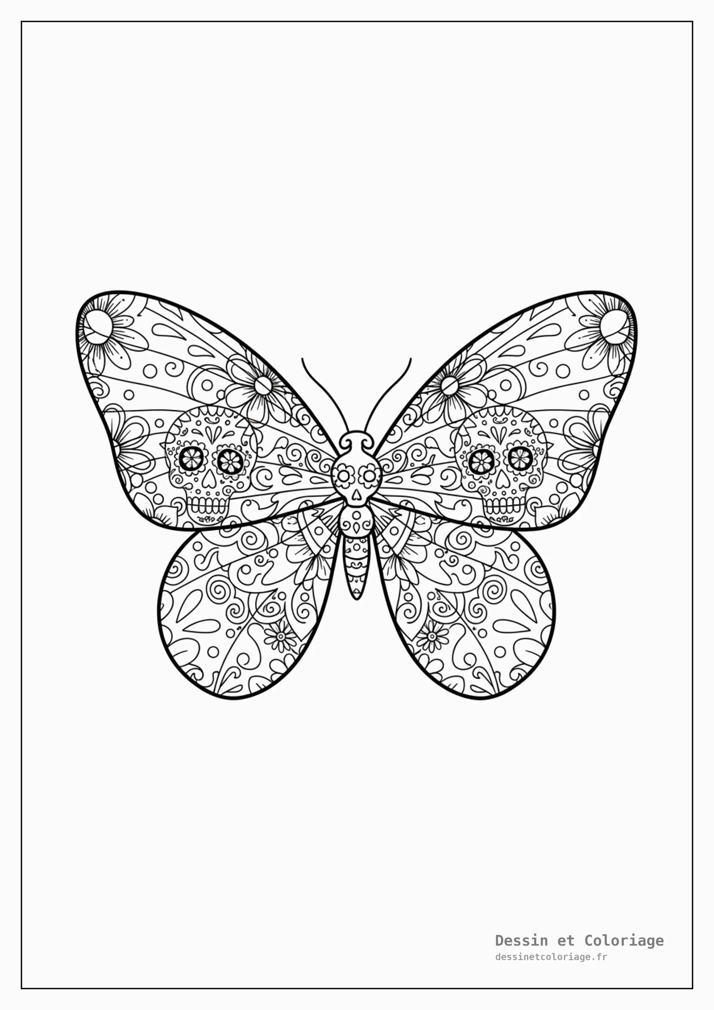 coloriage papillon mandala — Papillon aux ailes décorées de motifs de Calavera mexicains en mandala, pour une célébration joyeuse.