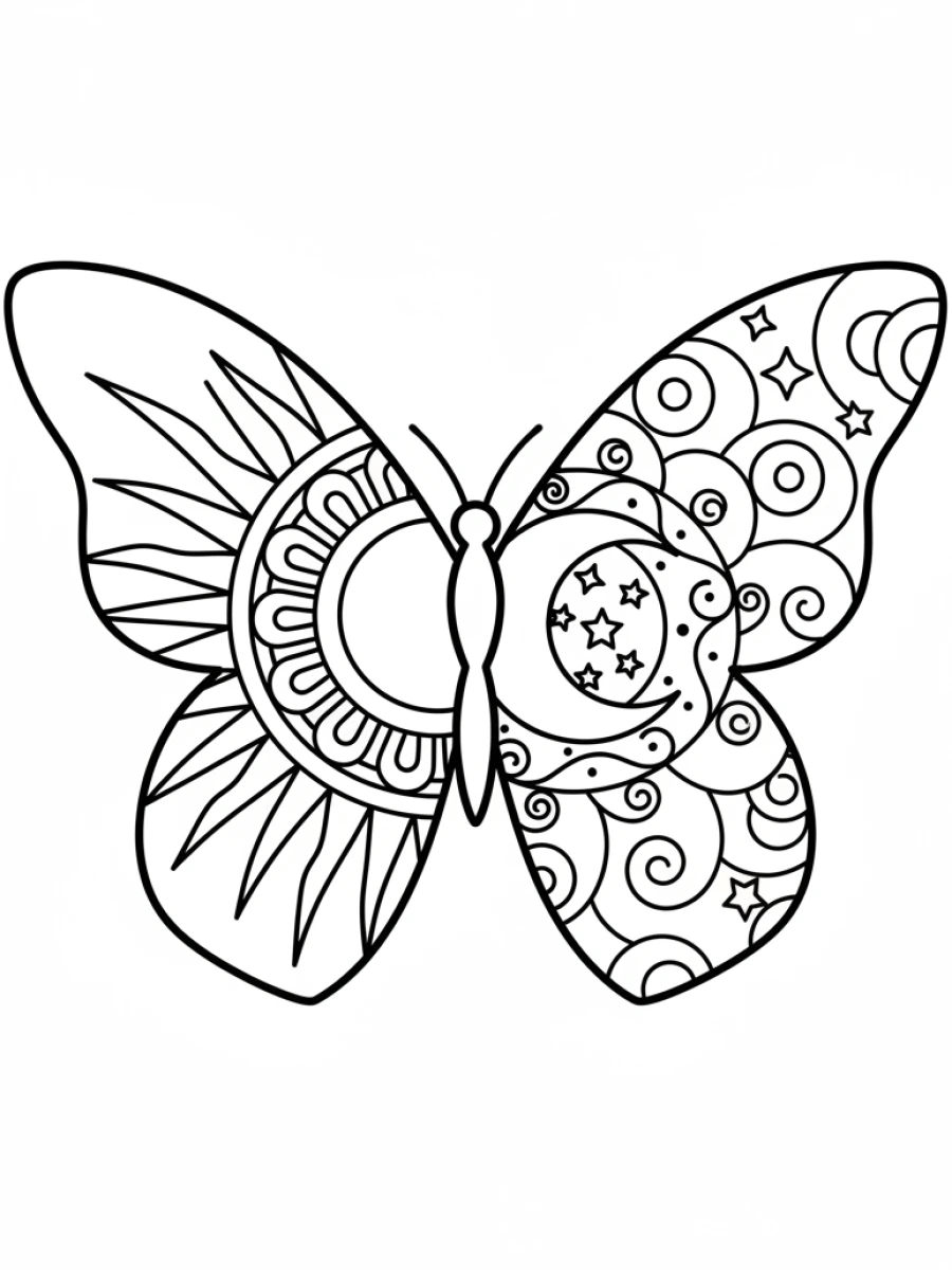 coloriage papillon mandala — Papillon représentant la dualité avec une aile ornée d'un mandala solaire et l'autre d'un mandala lunaire.