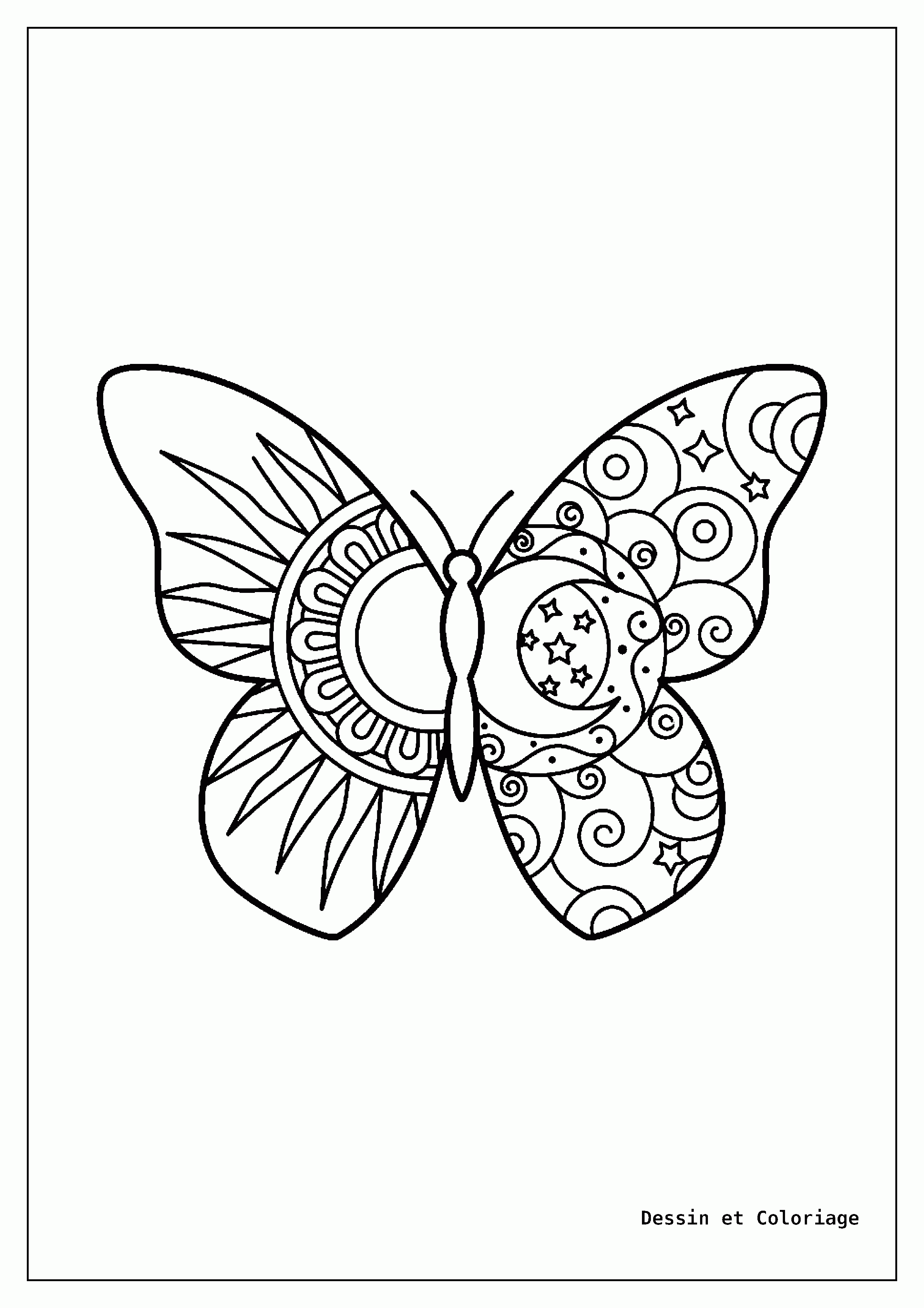 coloriage papillon mandala — Papillon représentant la dualité avec une aile ornée d'un mandala solaire et l'autre d'un mandala lunaire.