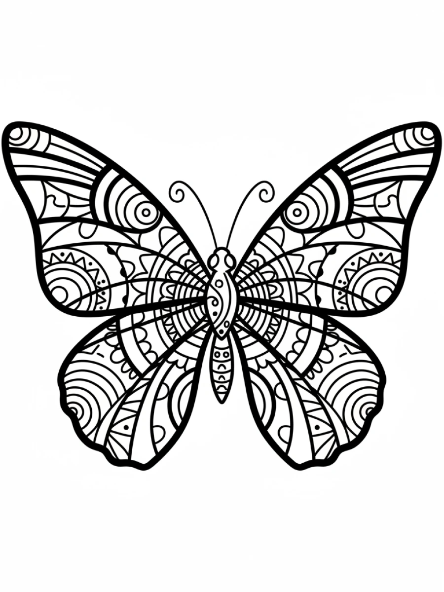 coloriage papillon mandala — Papillon aux ailes décorées de motifs de mandala tribaux audacieux, avec des lignes fortes et des éléments culturels.