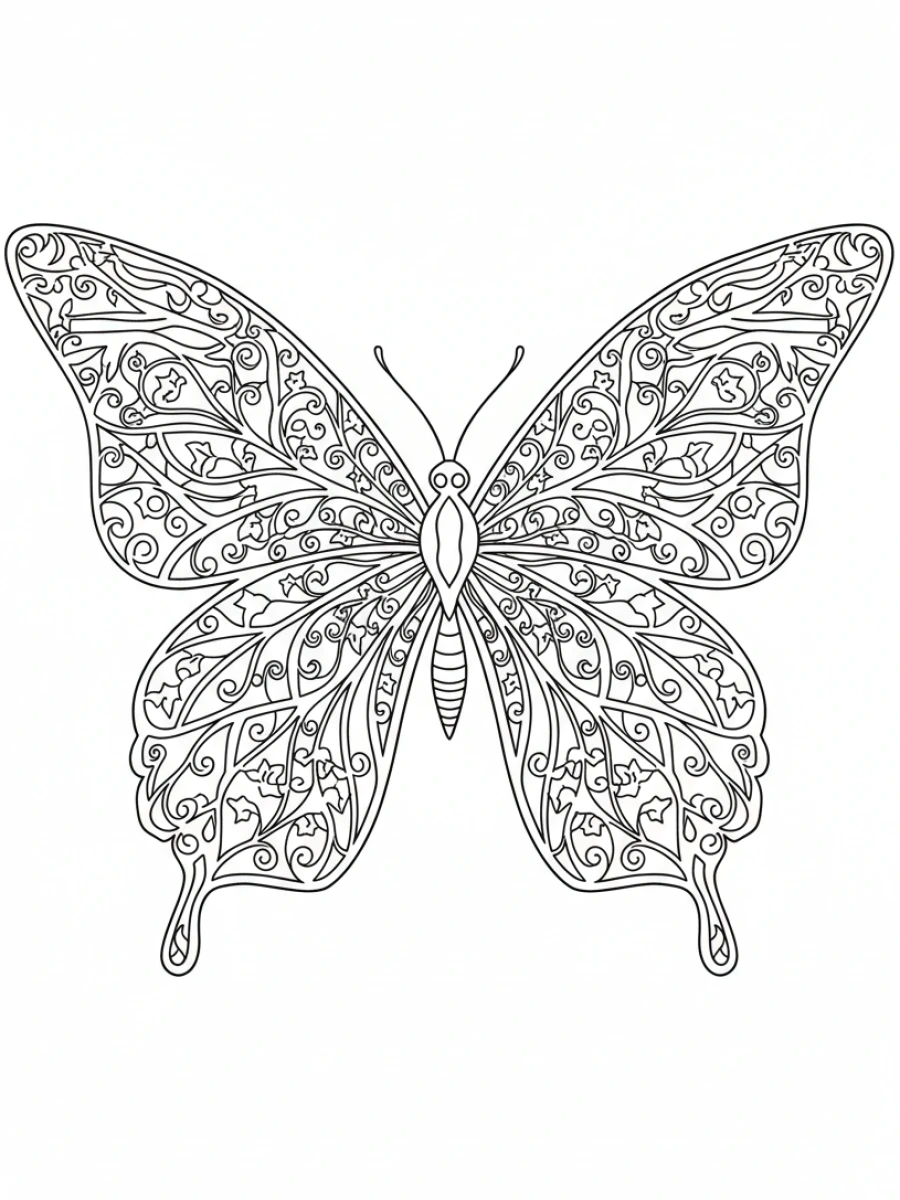 coloriage papillon mandala — Papillon aux ailes entrelacées de motifs de lierre et de vignes en mandala, évoquant la végétation luxuriante.