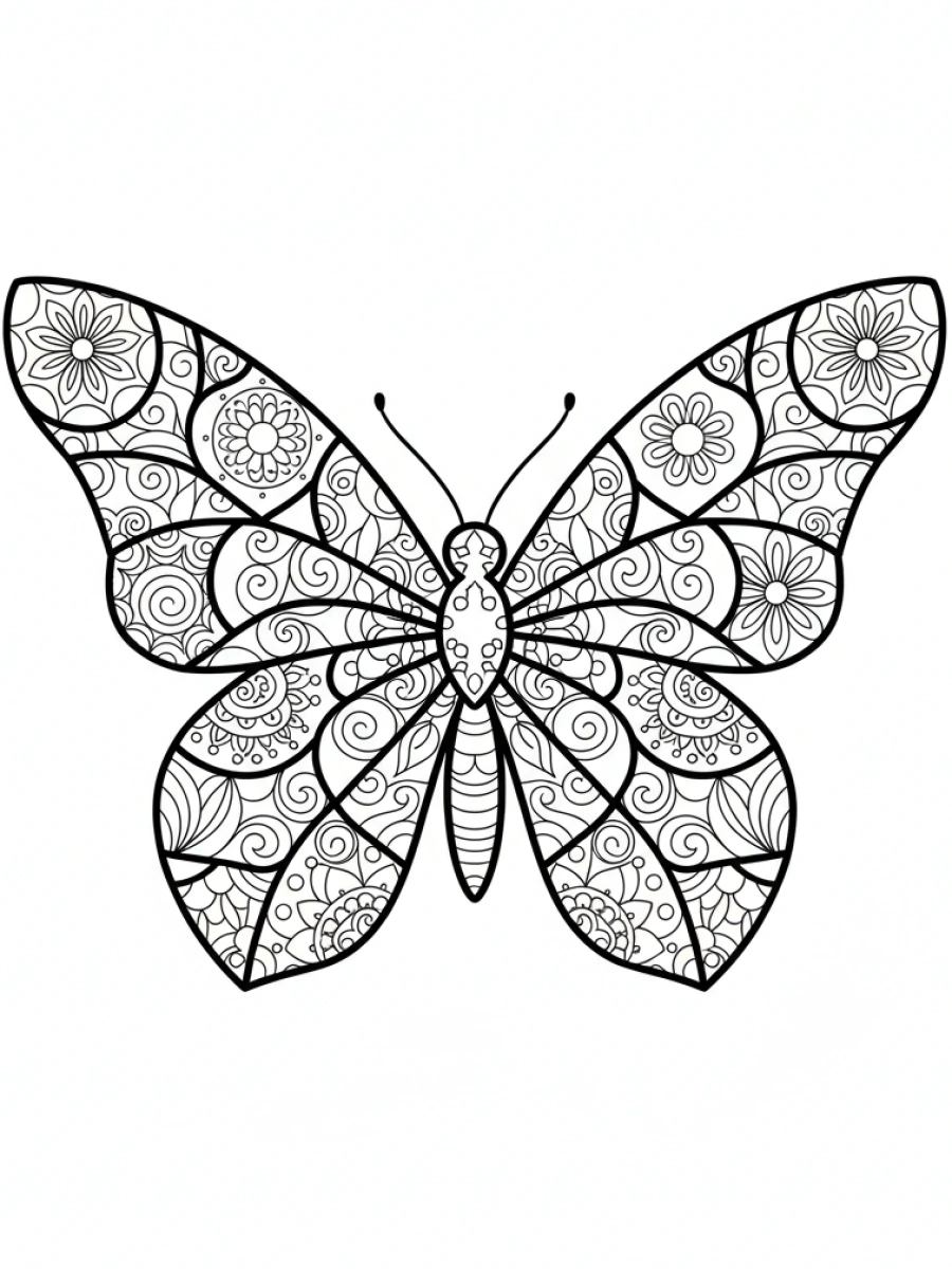 coloriage papillon mandala — Papillon en forme de vitrail, avec des contours épais séparant des sections de mandala complexes, rappelant un joyau.