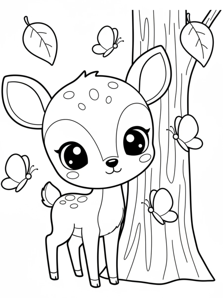 Coloriage Animaux Kawaii — Un petit cerf curieux se tient près d'un arbre, observant des papillons et des feuilles qui tombent autour de lui.