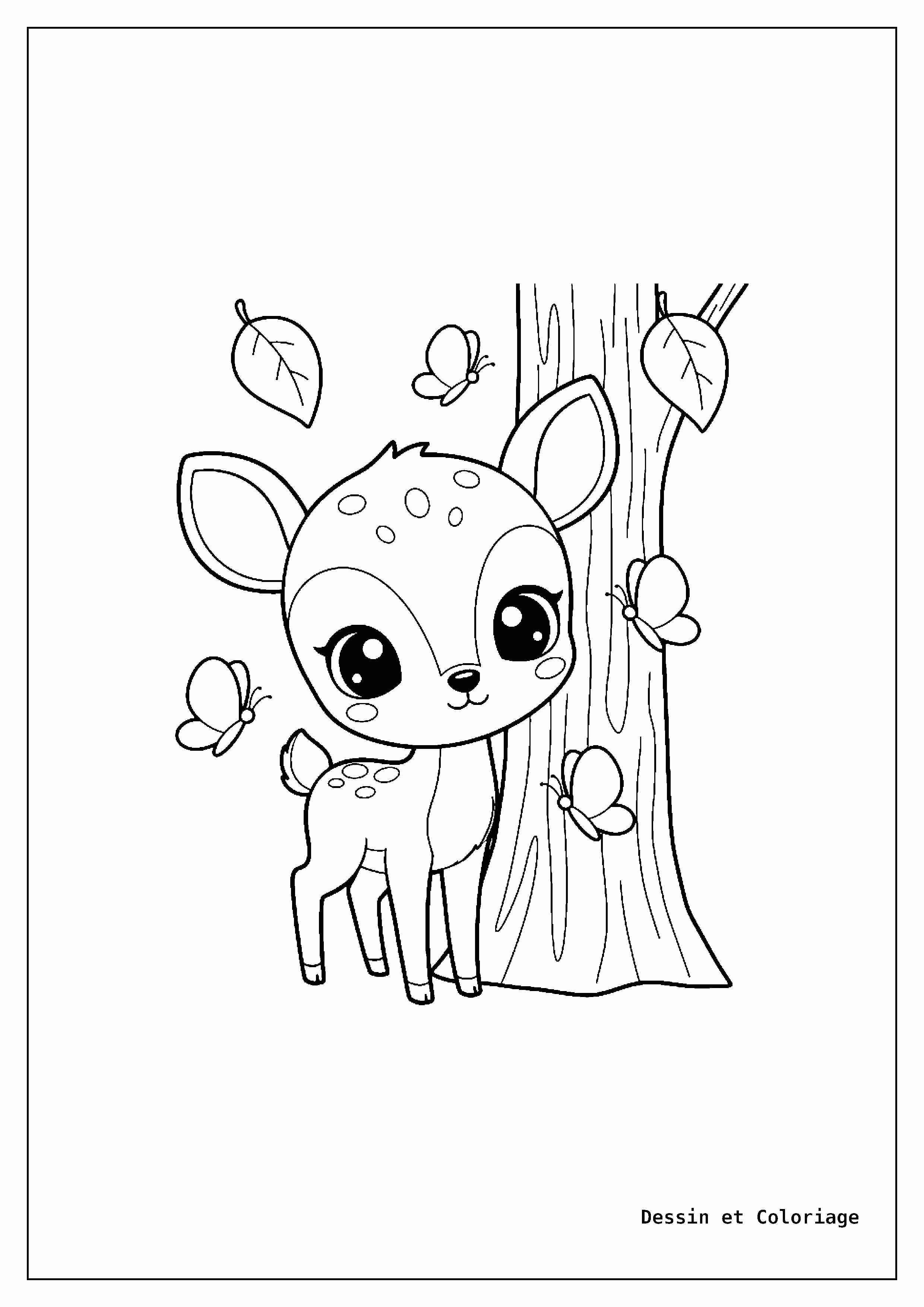 Coloriage Animaux Kawaii — Un petit cerf curieux se tient près d'un arbre, observant des papillons et des feuilles qui tombent autour de lui.