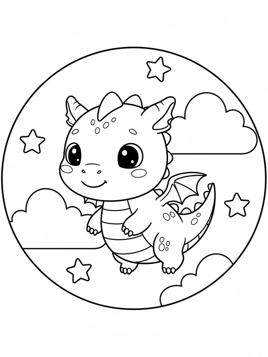 Coloriage Animaux Kawaii — Un petit dragon amical vole parmi des nuages cotonneux et des étoiles scintillantes, avec de grands yeux expressifs.
