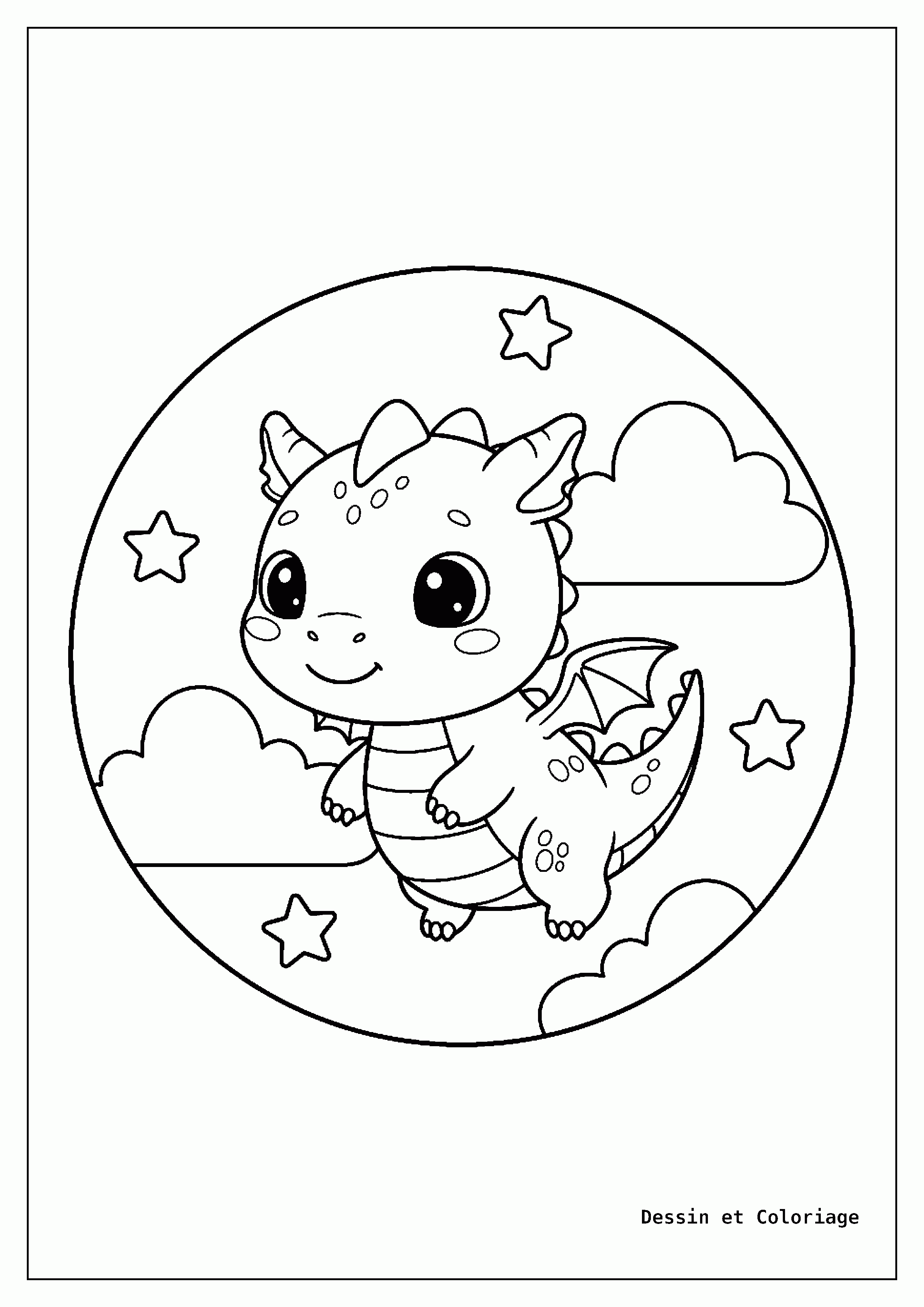 Coloriage Animaux Kawaii — Un petit dragon amical vole parmi des nuages cotonneux et des étoiles scintillantes, avec de grands yeux expressifs.