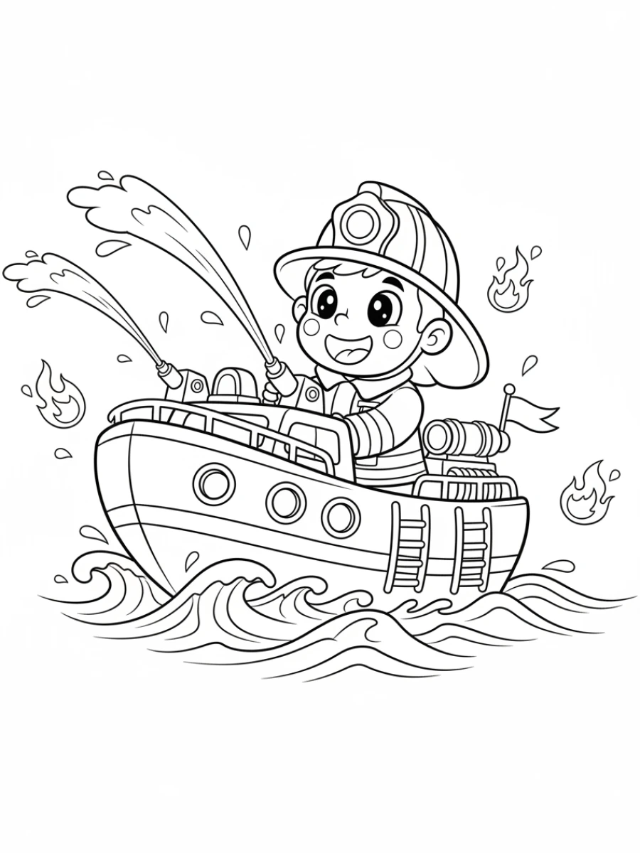 coloriage pompier — Un pompier manœuvrant habilement un bateau-pompe sur des vagues, avec des canons à eau et son uniforme.