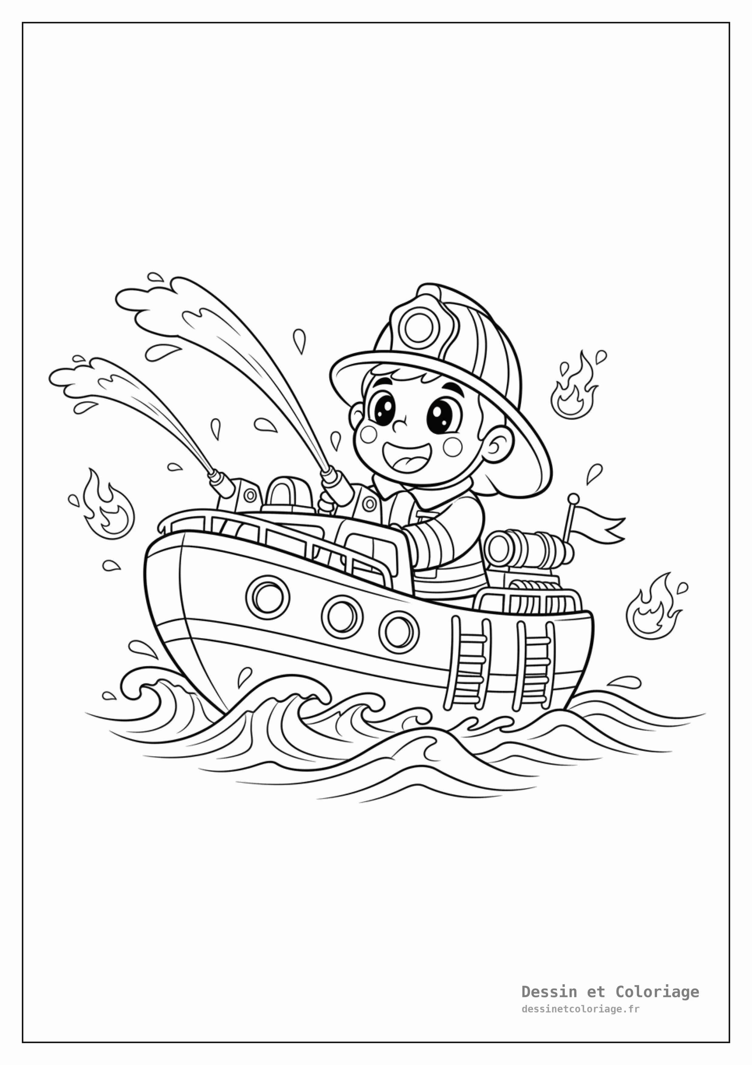 coloriage pompier — Un pompier manœuvrant habilement un bateau-pompe sur des vagues, avec des canons à eau et son uniforme.