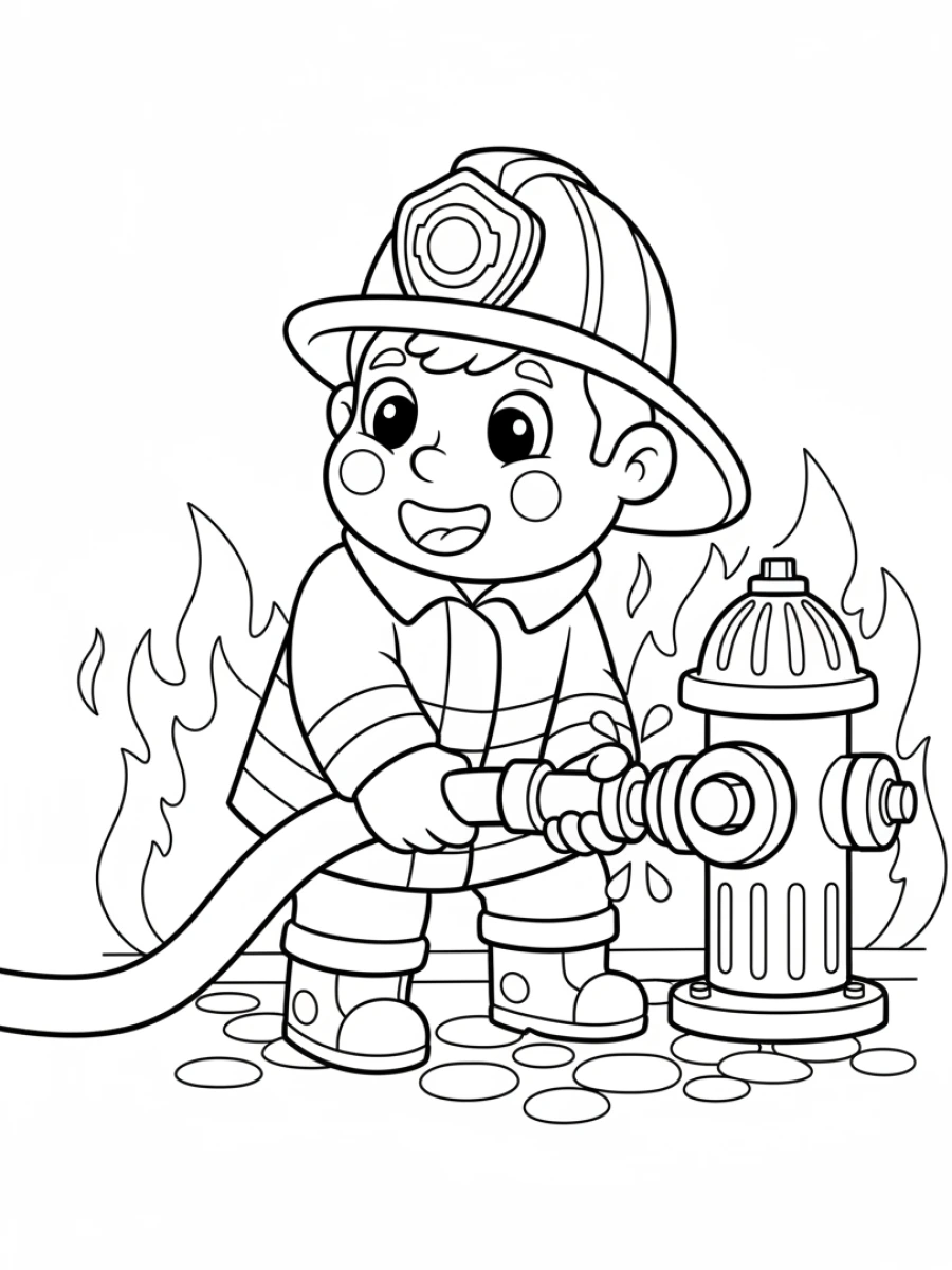 coloriage pompier — Un pompier agenouillé, connectant un tuyau à une bouche d'incendie sur un trottoir, avec son équipement.