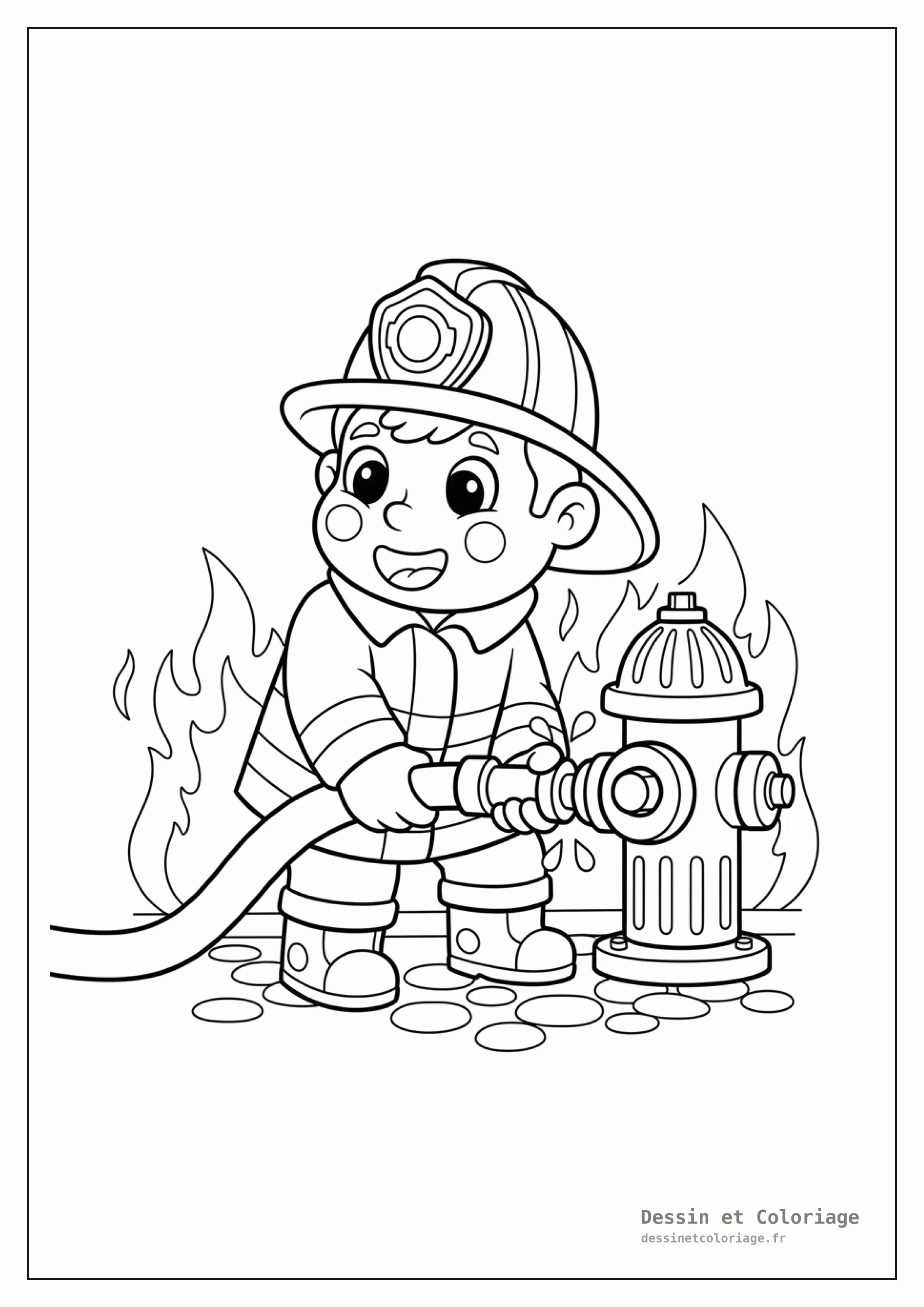 coloriage pompier — Un pompier agenouillé, connectant un tuyau à une bouche d'incendie sur un trottoir, avec son équipement.