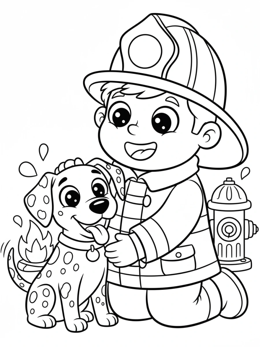 coloriage pompier — Un pompier souriant caressant un chien dalmatien amical, tous deux joyeux, avec l'uniforme du pompier.
