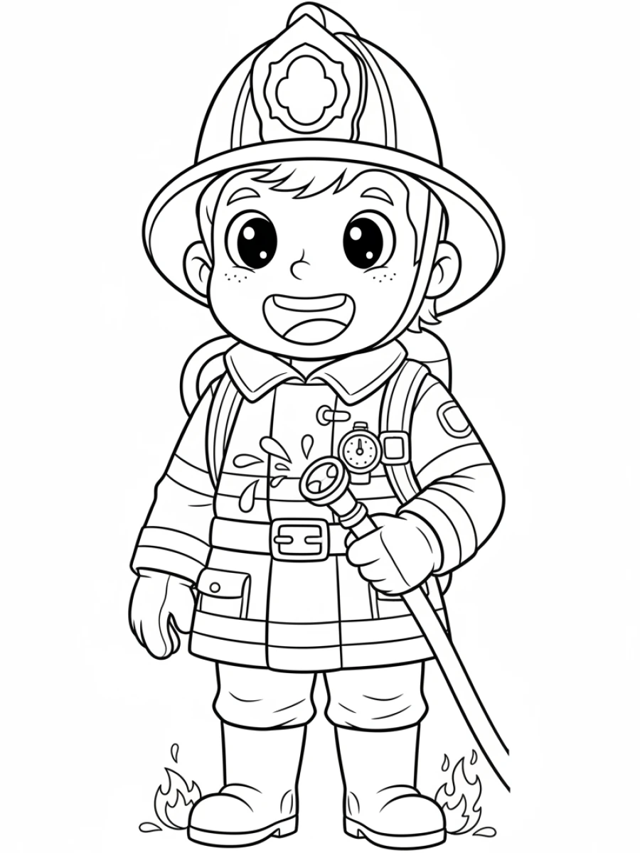 coloriage pompier — Un pompier fier, debout et en uniforme complet, avec son casque, sa veste, son pantalon et son appareil respiratoire.