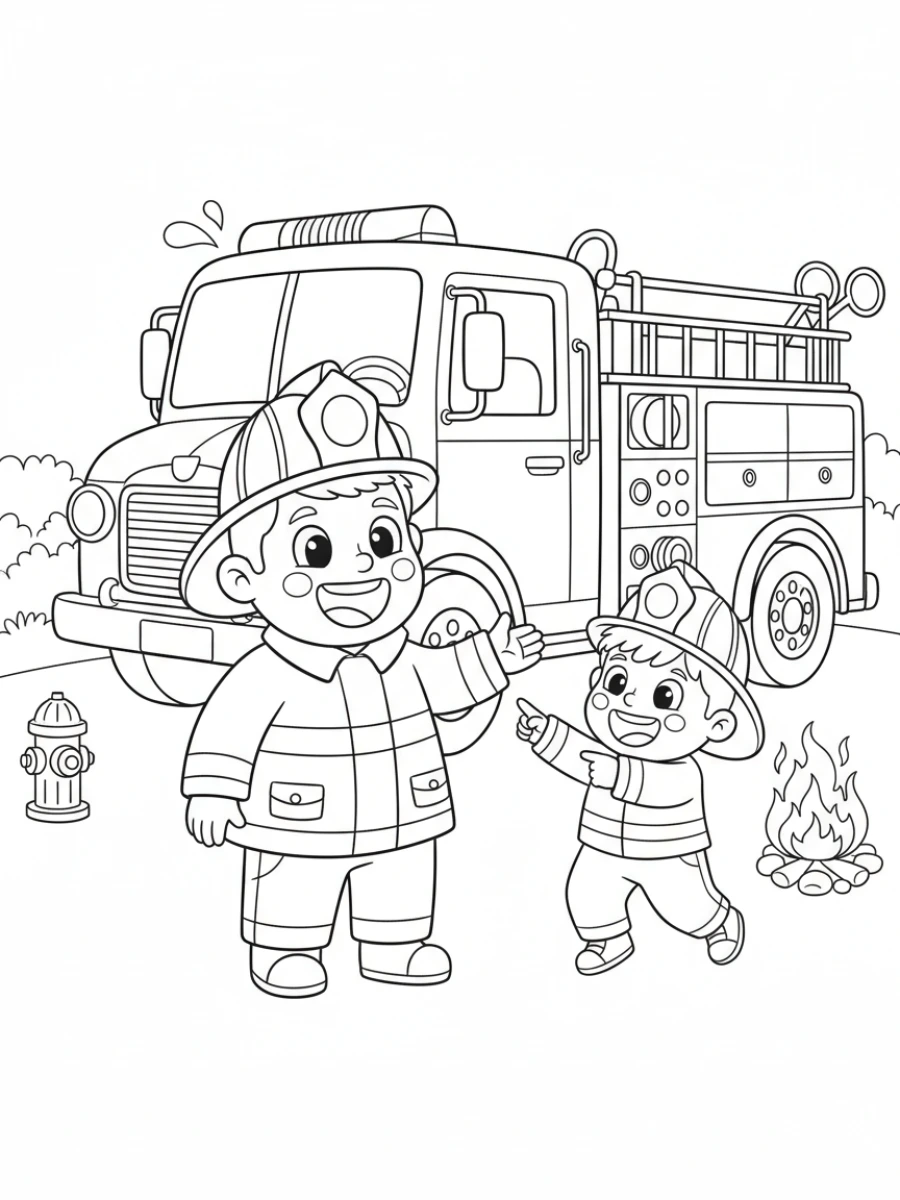 coloriage pompier — Un pompier souriant expliquant son métier à un enfant curieux, devant un grand camion de pompiers, avec un casque.