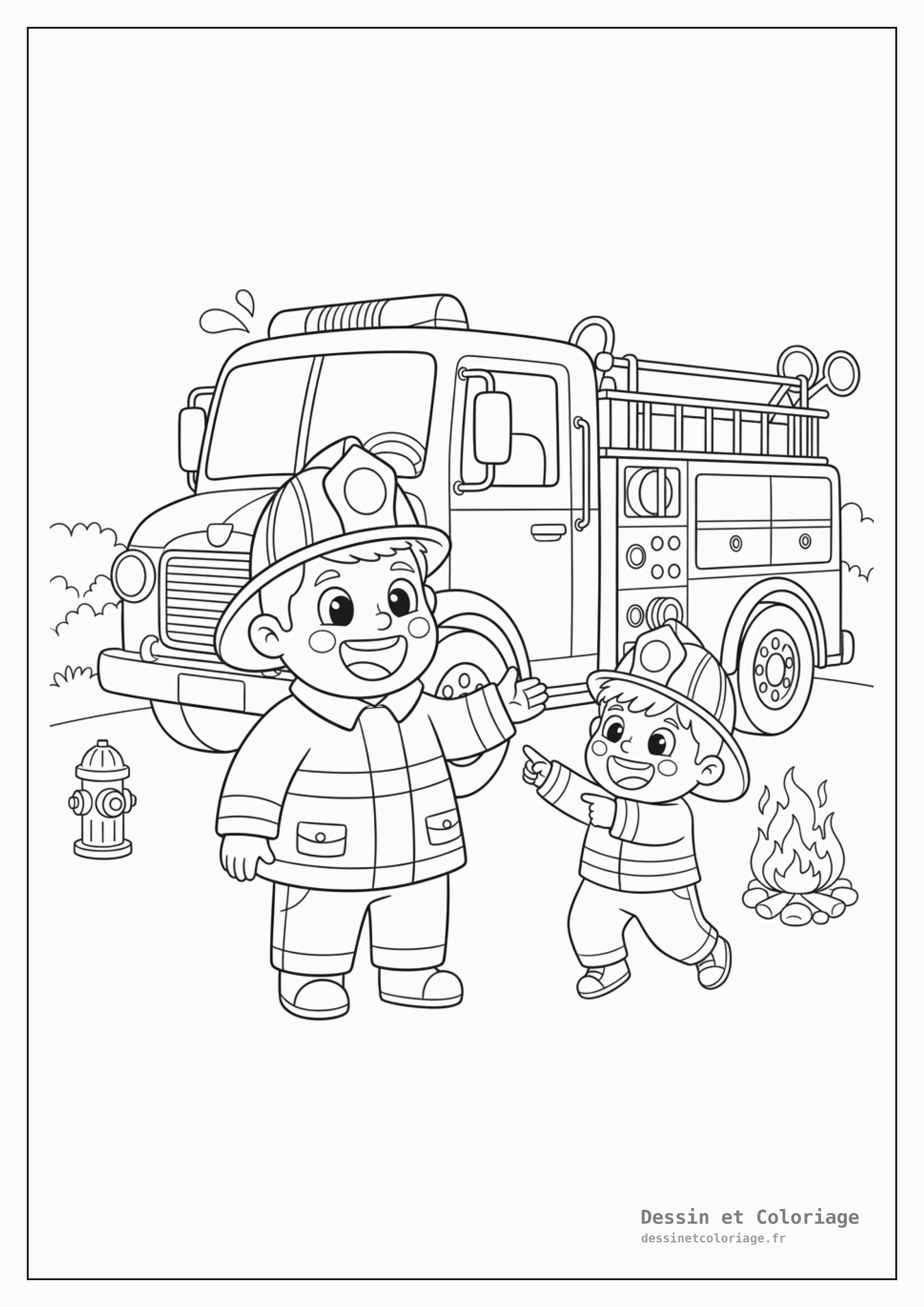 coloriage pompier — Un pompier souriant expliquant son métier à un enfant curieux, devant un grand camion de pompiers, avec un casque.