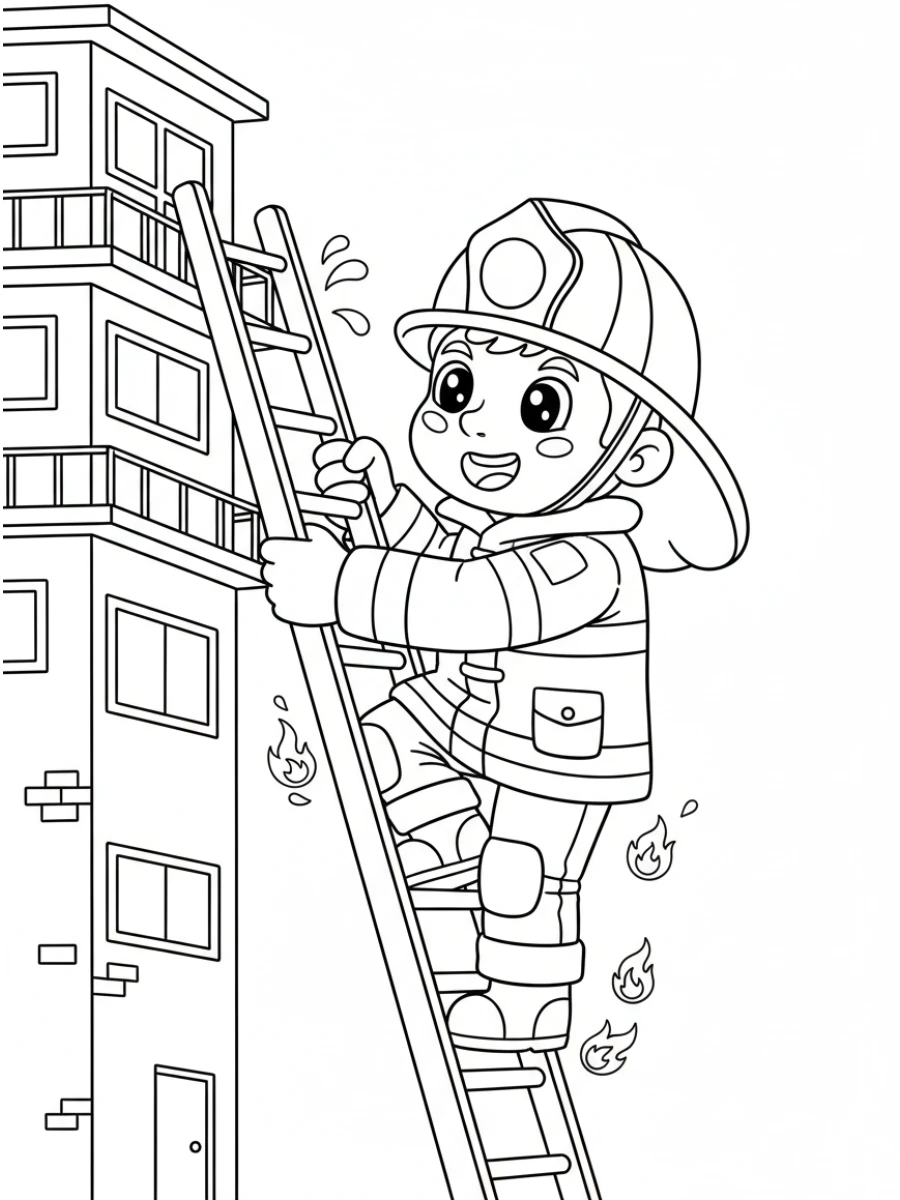 coloriage pompier — Un pompier en entraînement, grimpant une échelle haute avec agilité et force, son casque bien accroché.