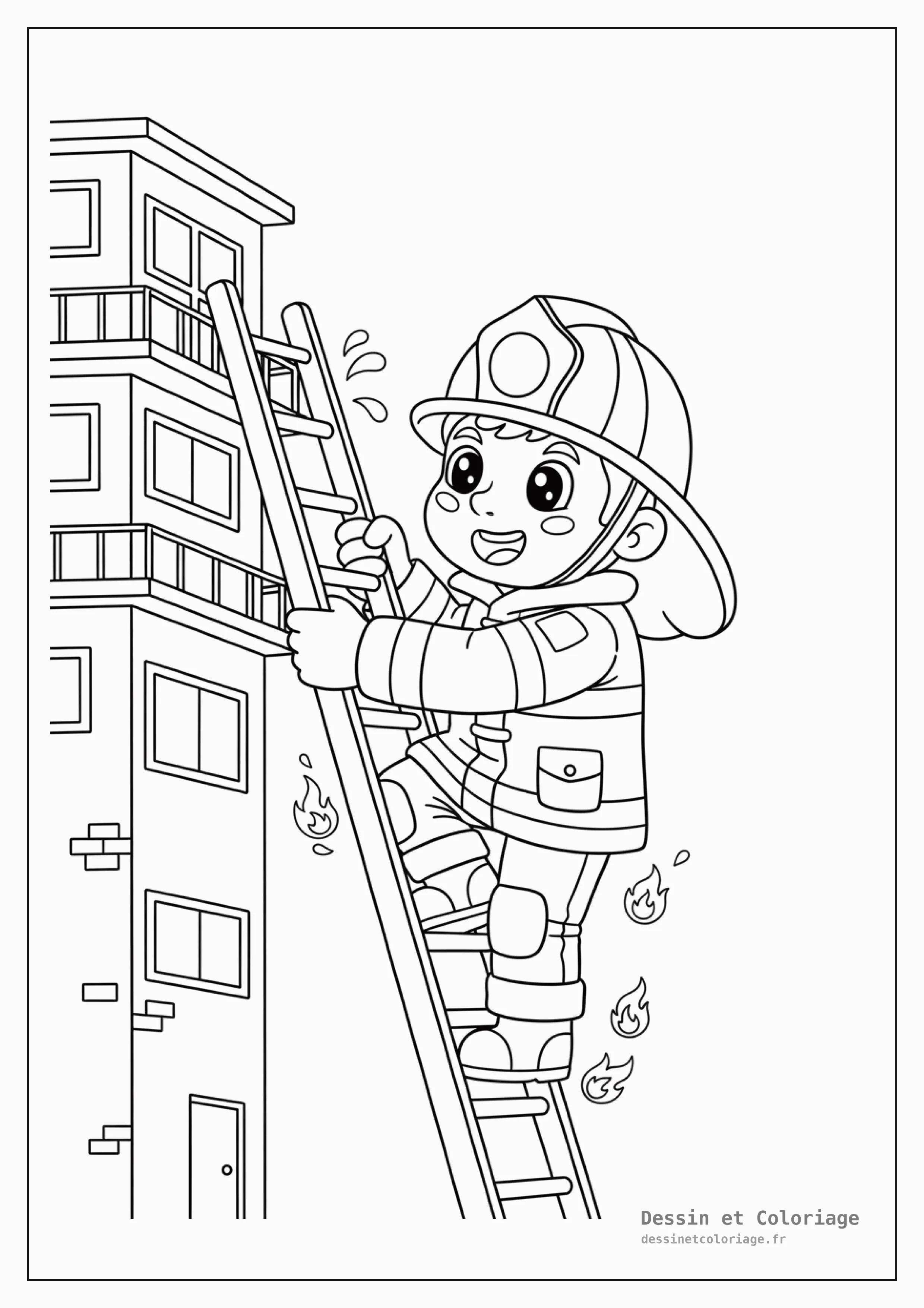 coloriage pompier — Un pompier en entraînement, grimpant une échelle haute avec agilité et force, son casque bien accroché.