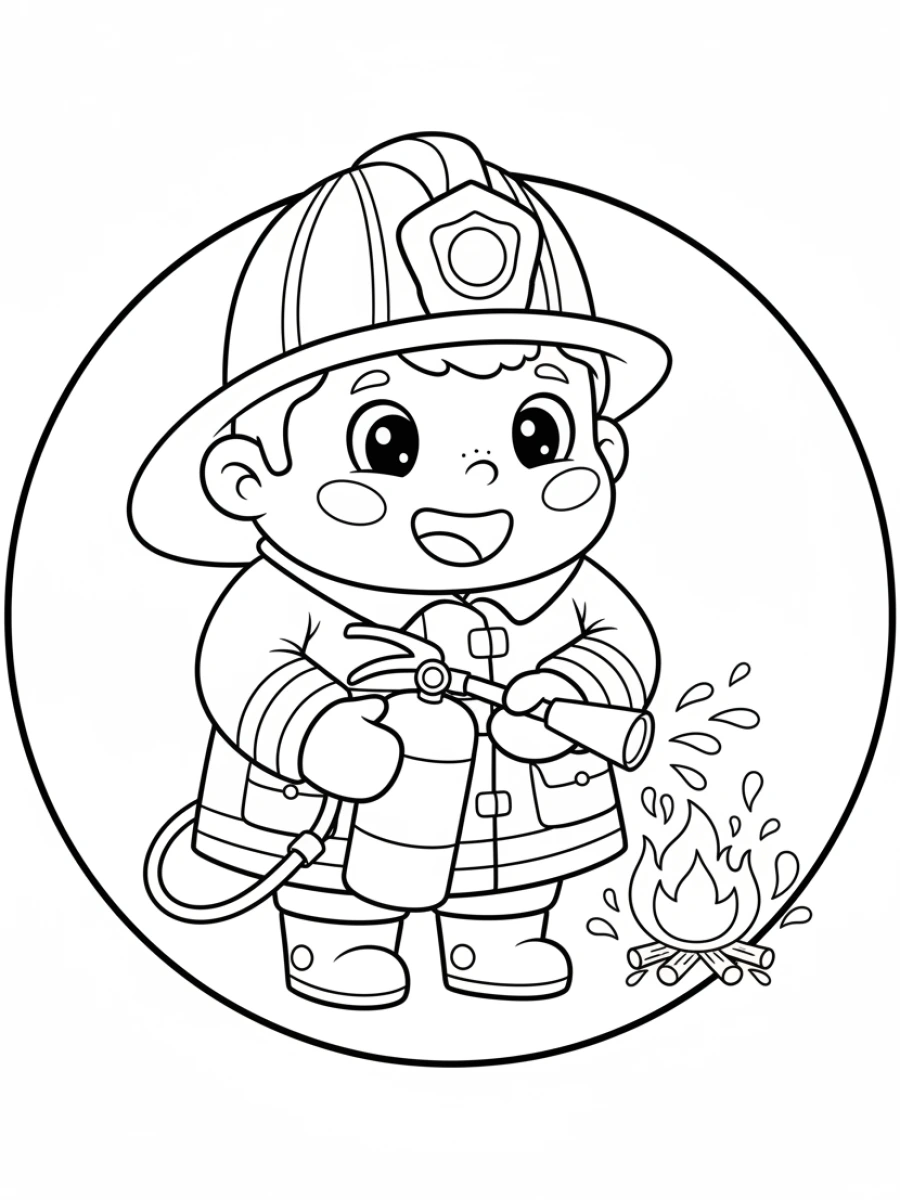 coloriage pompier — Un pompier concentré tenant un extincteur, prêt à intervenir sur un départ de feu, avec son casque.