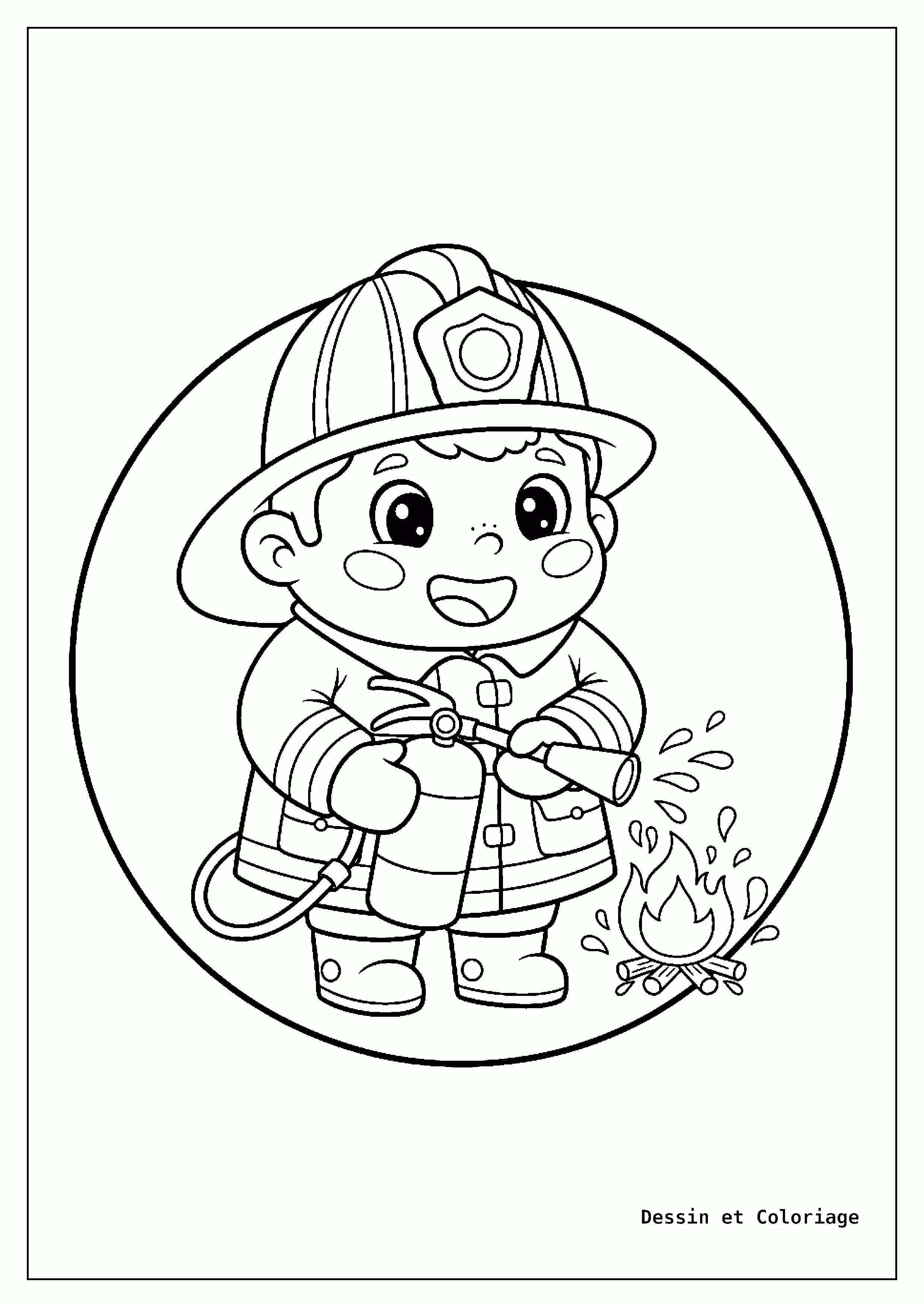 coloriage pompier — Un pompier concentré tenant un extincteur, prêt à intervenir sur un départ de feu, avec son casque.
