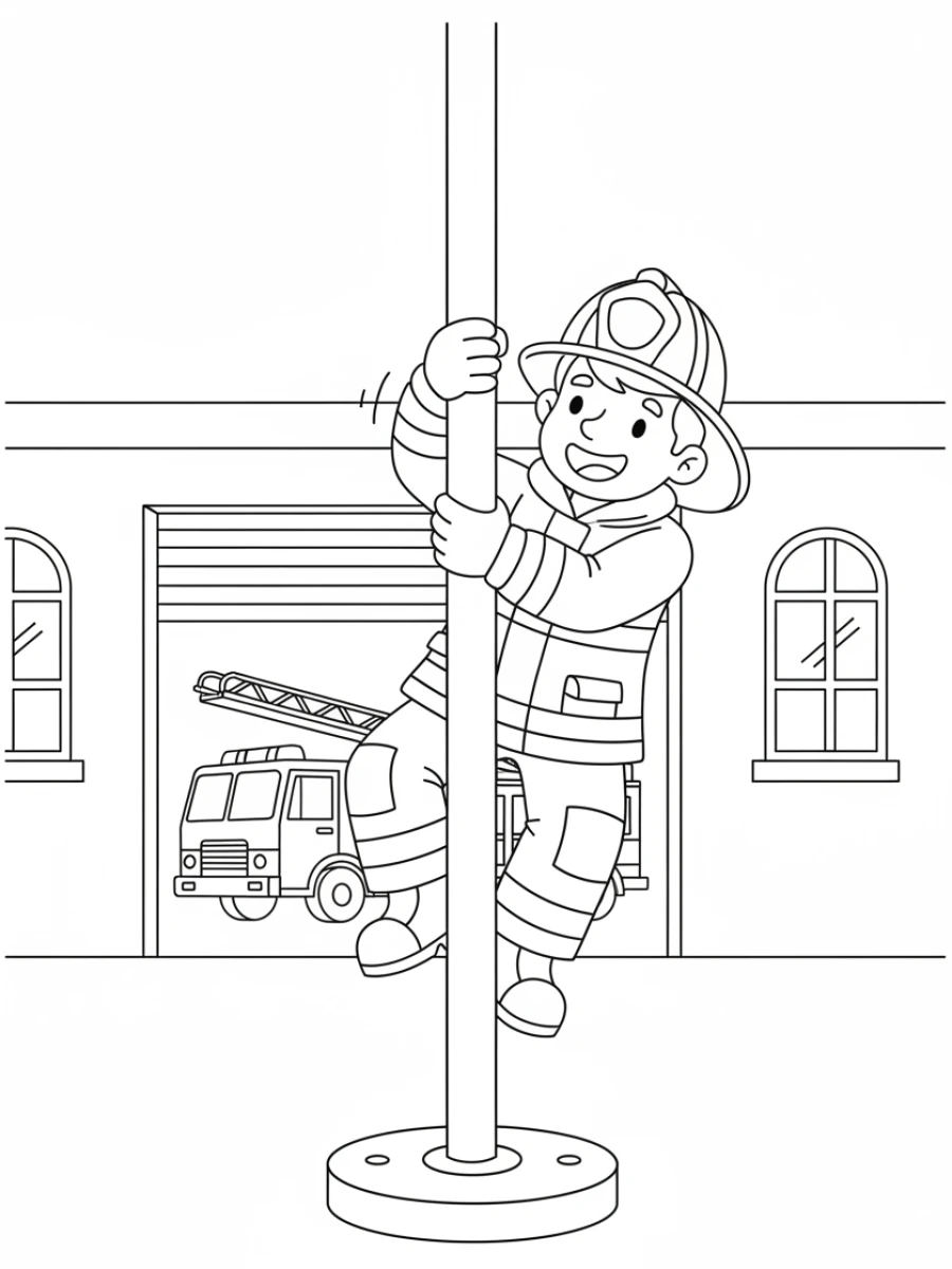 coloriage pompier — Un pompier en uniforme glisse le long d'un poteau vertical, le sourire aux lèvres.