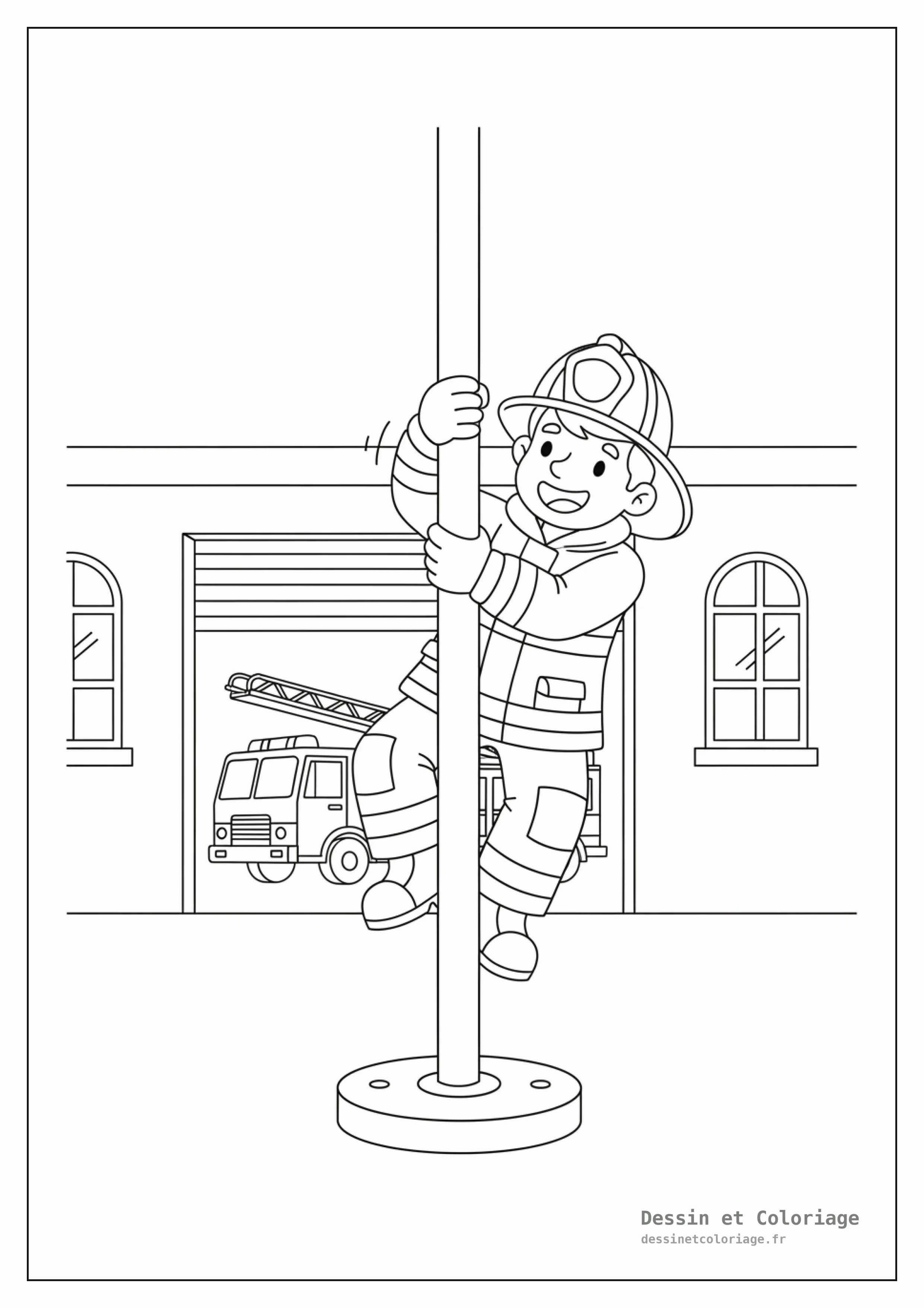 coloriage pompier — Un pompier en uniforme glisse le long d'un poteau vertical, le sourire aux lèvres.