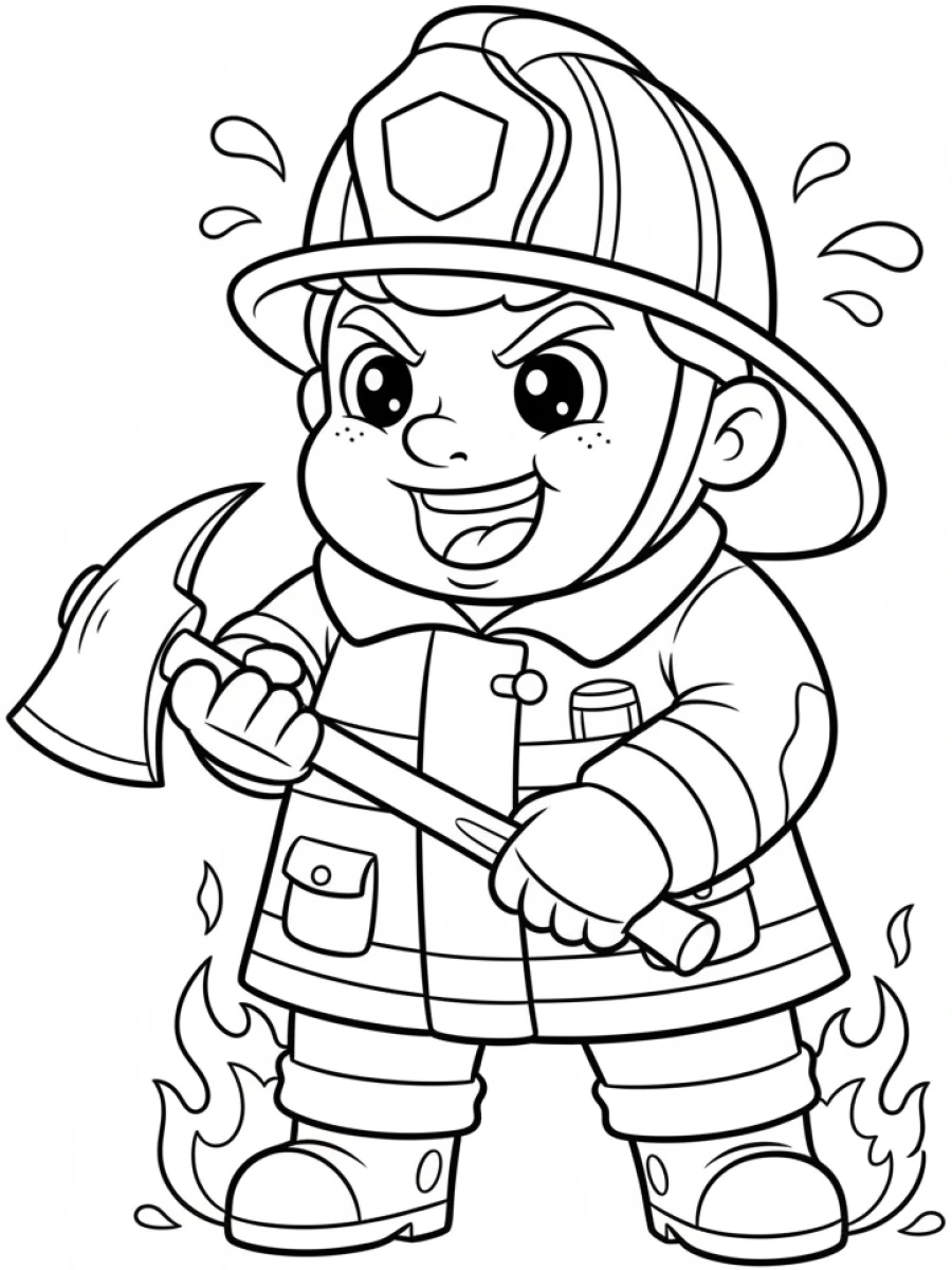 coloriage pompier — Un pompier déterminé, équipé de son casque et de sa tenue, tenant une hache de secours, les bras prêts.