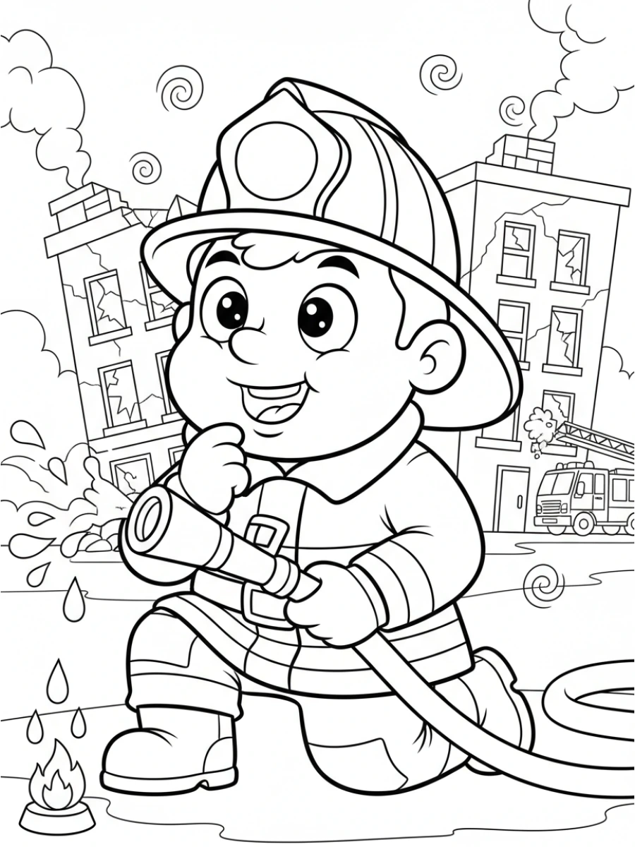 coloriage pompier — Un pompier pensif examinant attentivement les lieux après un événement, son casque à la main, avec un air concentré.