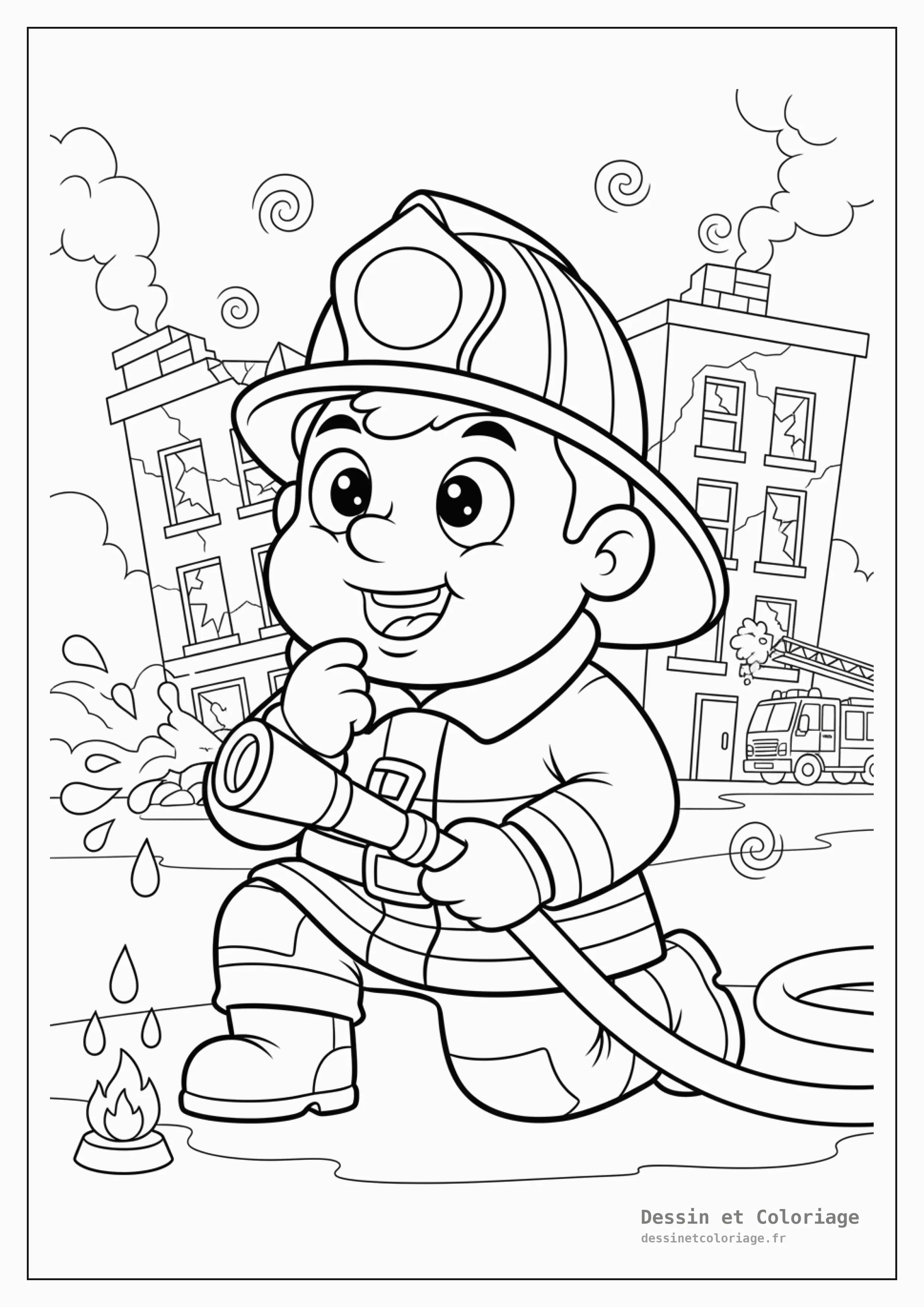 coloriage pompier — Un pompier pensif examinant attentivement les lieux après un événement, son casque à la main, avec un air concentré.