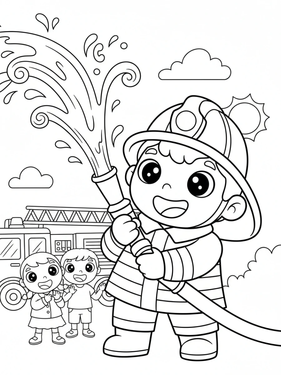 coloriage pompier — Un pompier joyeux s'amusant à pulvériser de l'eau avec une lance, avec une expression enjouée, son casque sur la tête.