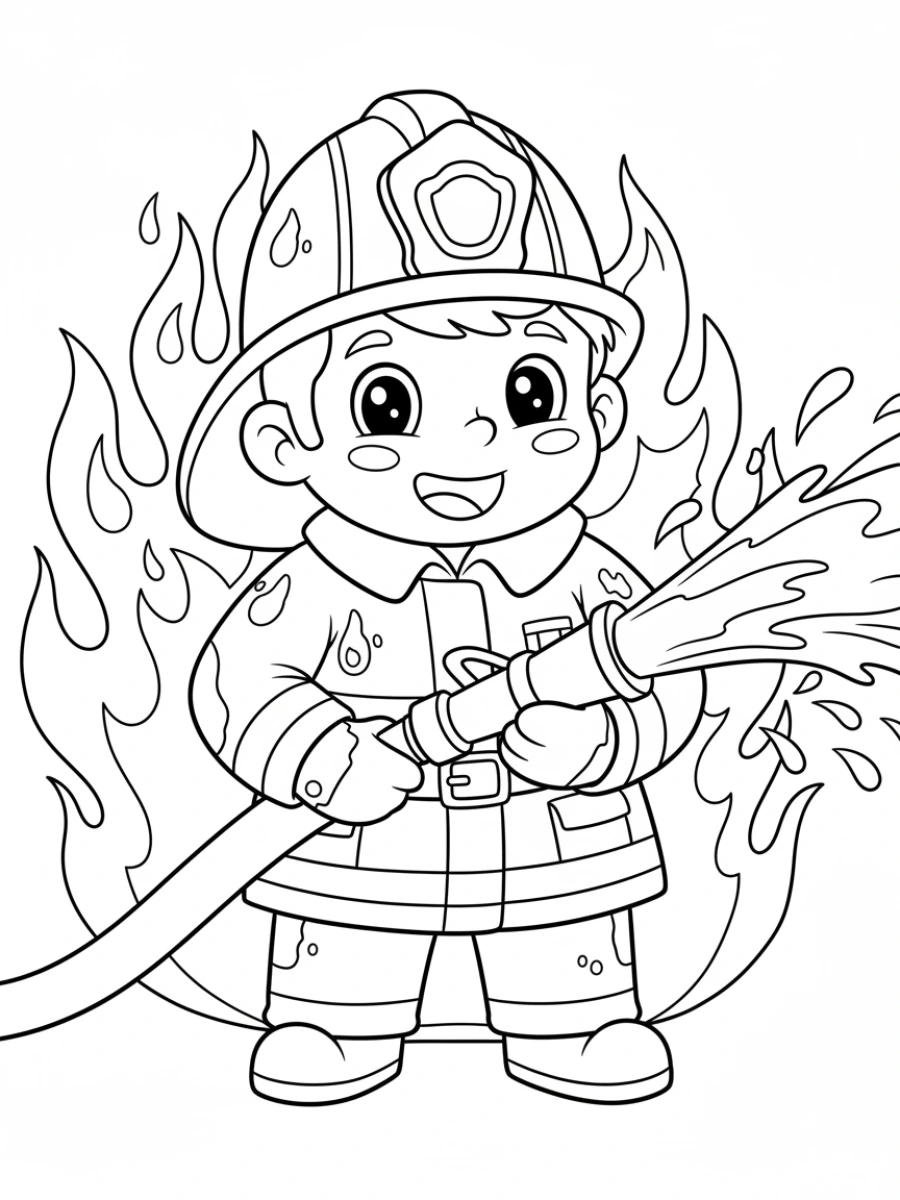 coloriage pompier — Un pompier courageux en plein travail, tenant une lance à incendie puissante, avec de l'eau jaillissant, et son casque.