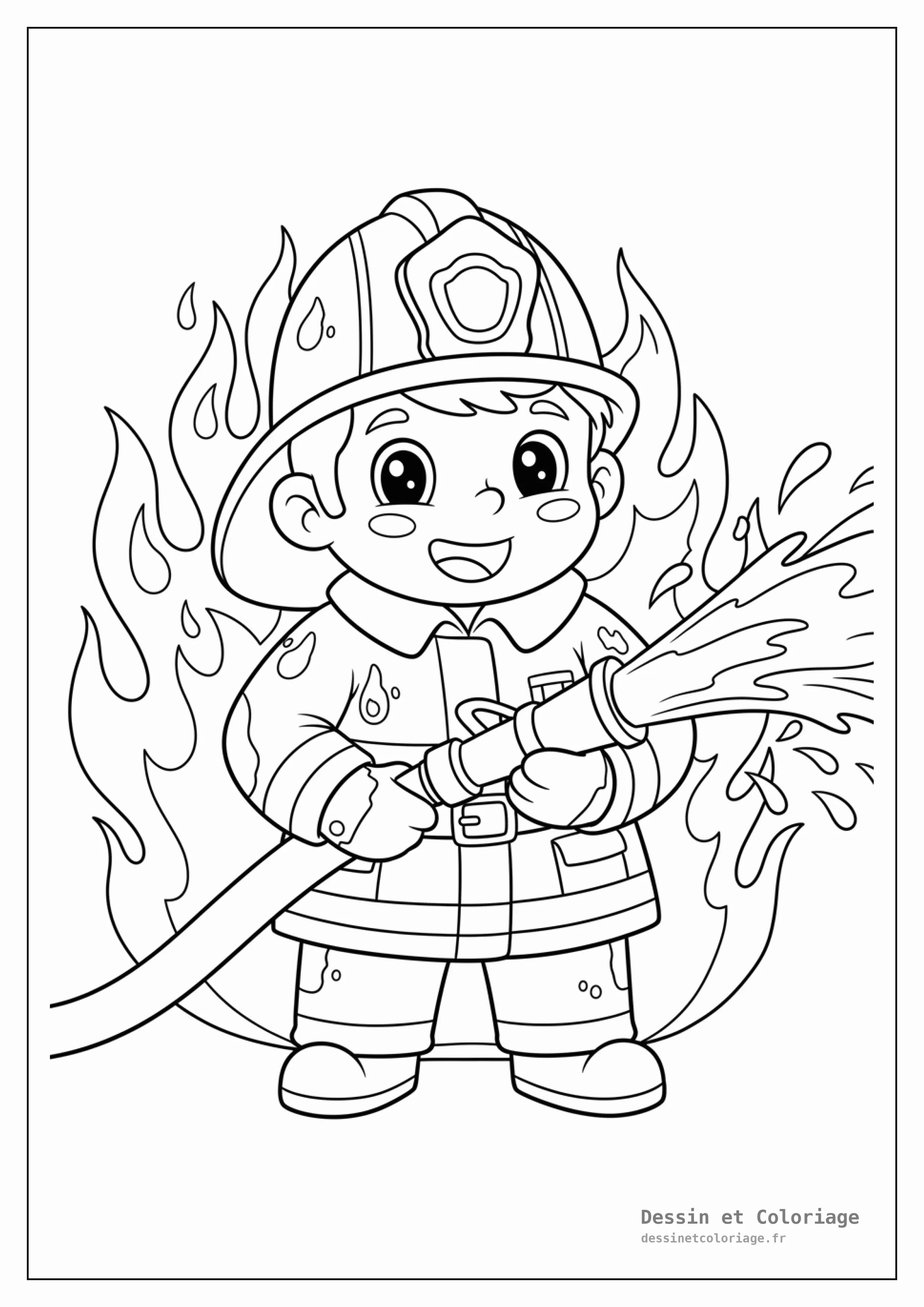 coloriage pompier — Un pompier courageux en plein travail, tenant une lance à incendie puissante, avec de l'eau jaillissant, et son casque.