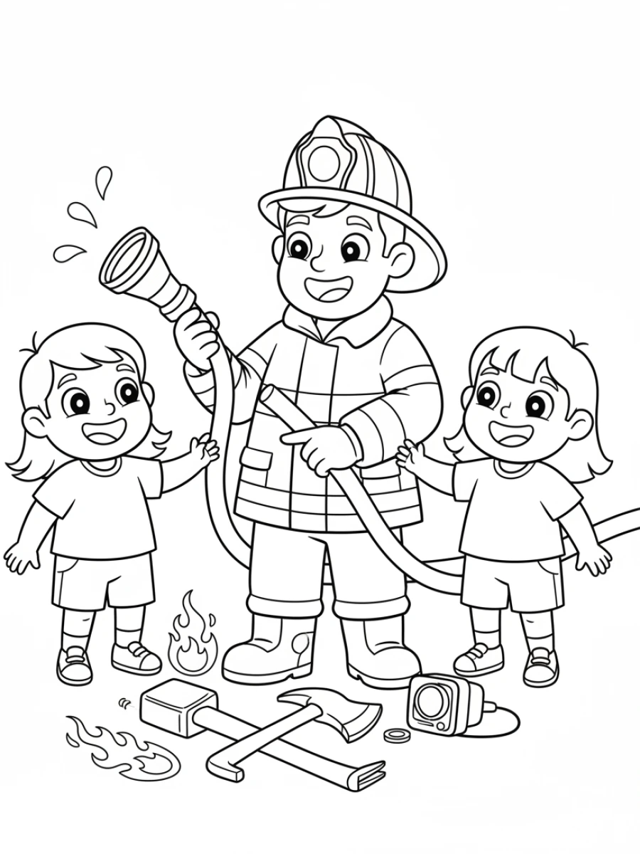 coloriage pompier — Un pompier souriant présentant ses outils à deux enfants curieux, avec une hache et un casque.