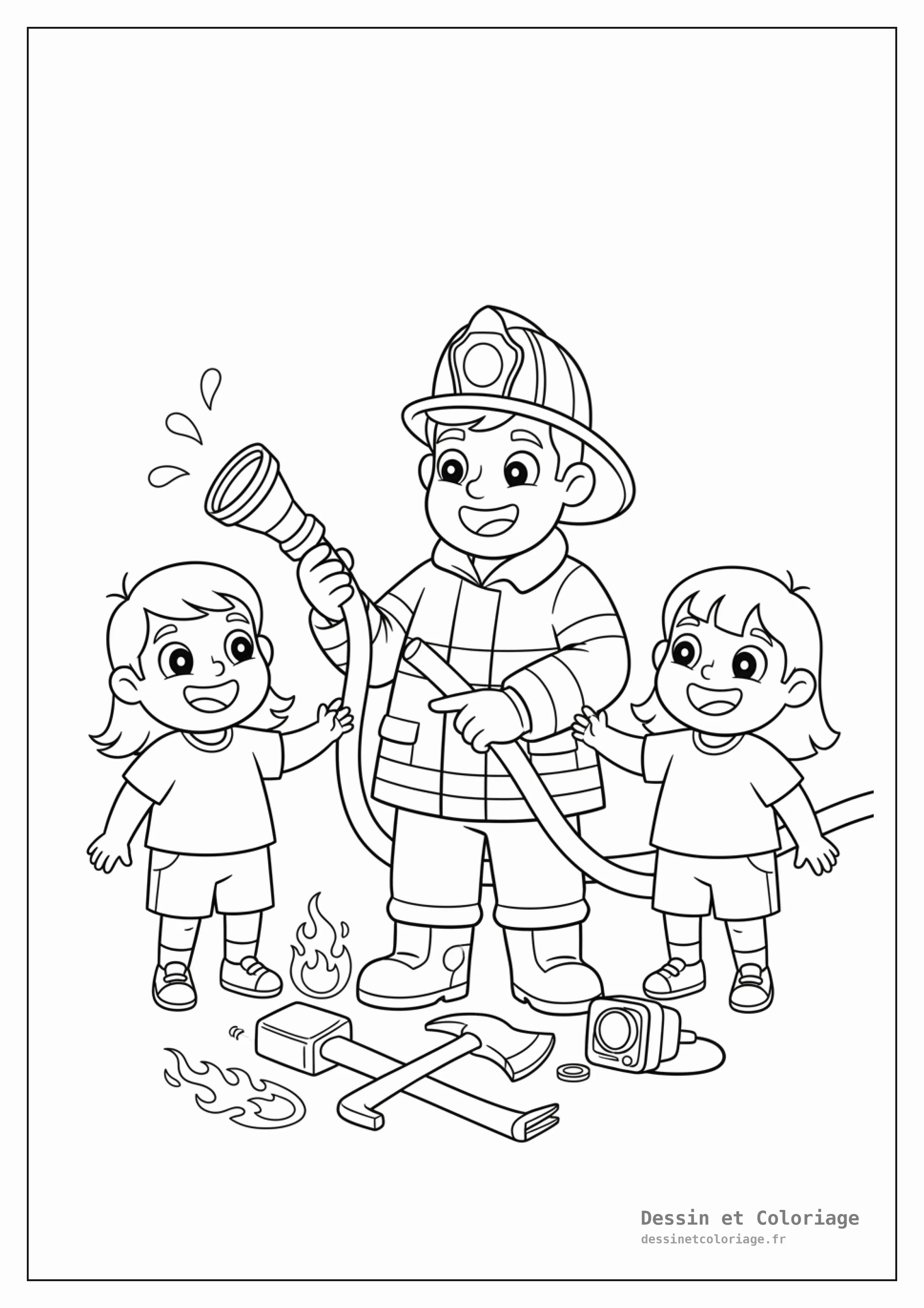 coloriage pompier — Un pompier souriant présentant ses outils à deux enfants curieux, avec une hache et un casque.
