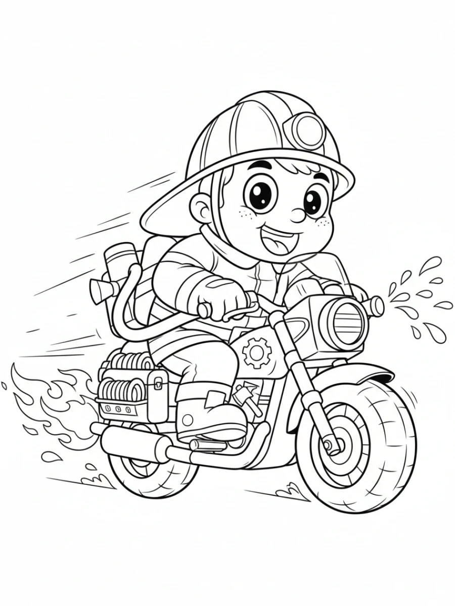 coloriage pompier — Un pompier rapide sur une moto d'intervention, casque sur la tête, roulant avec détermination.