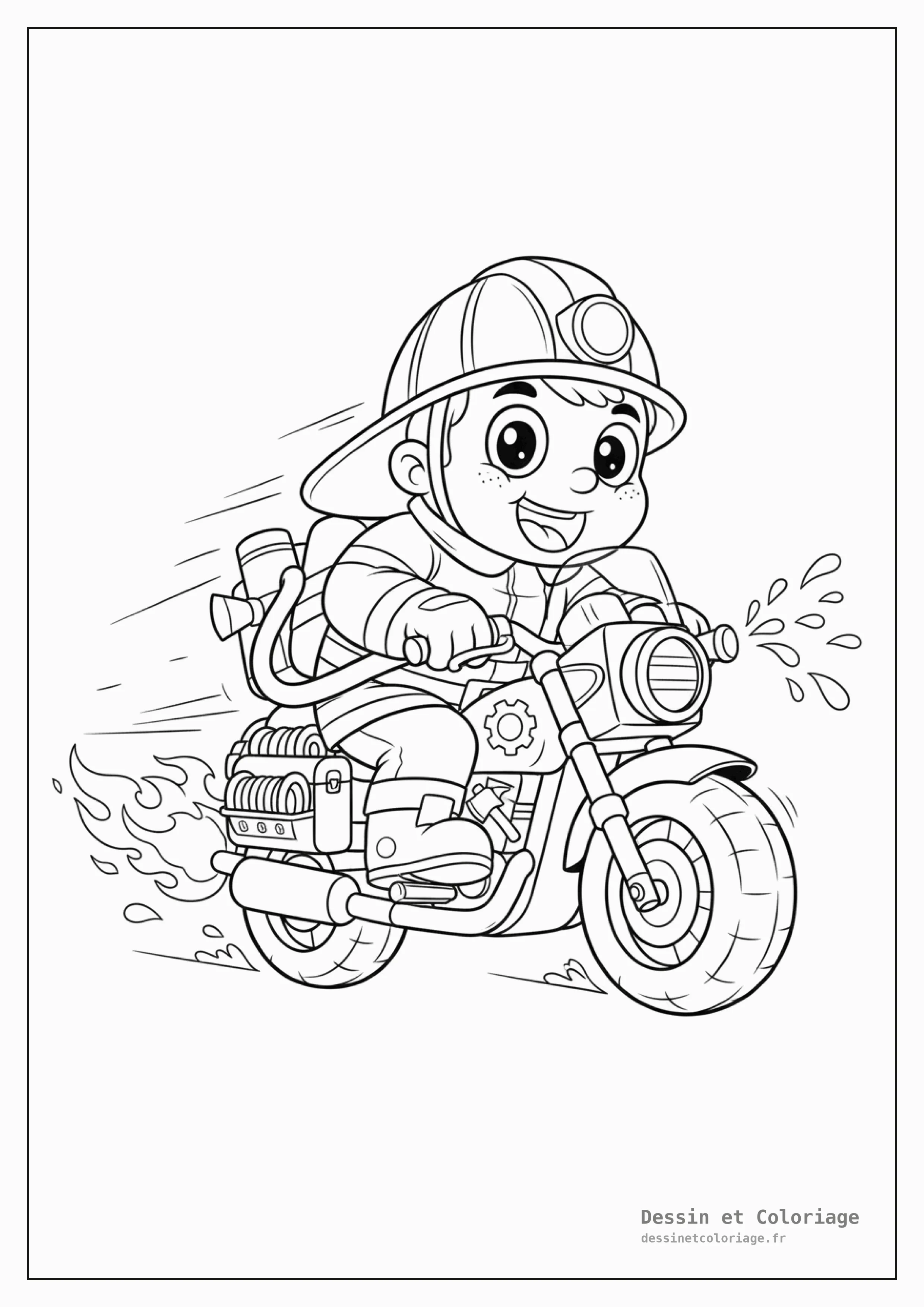 coloriage pompier — Un pompier rapide sur une moto d'intervention, casque sur la tête, roulant avec détermination.