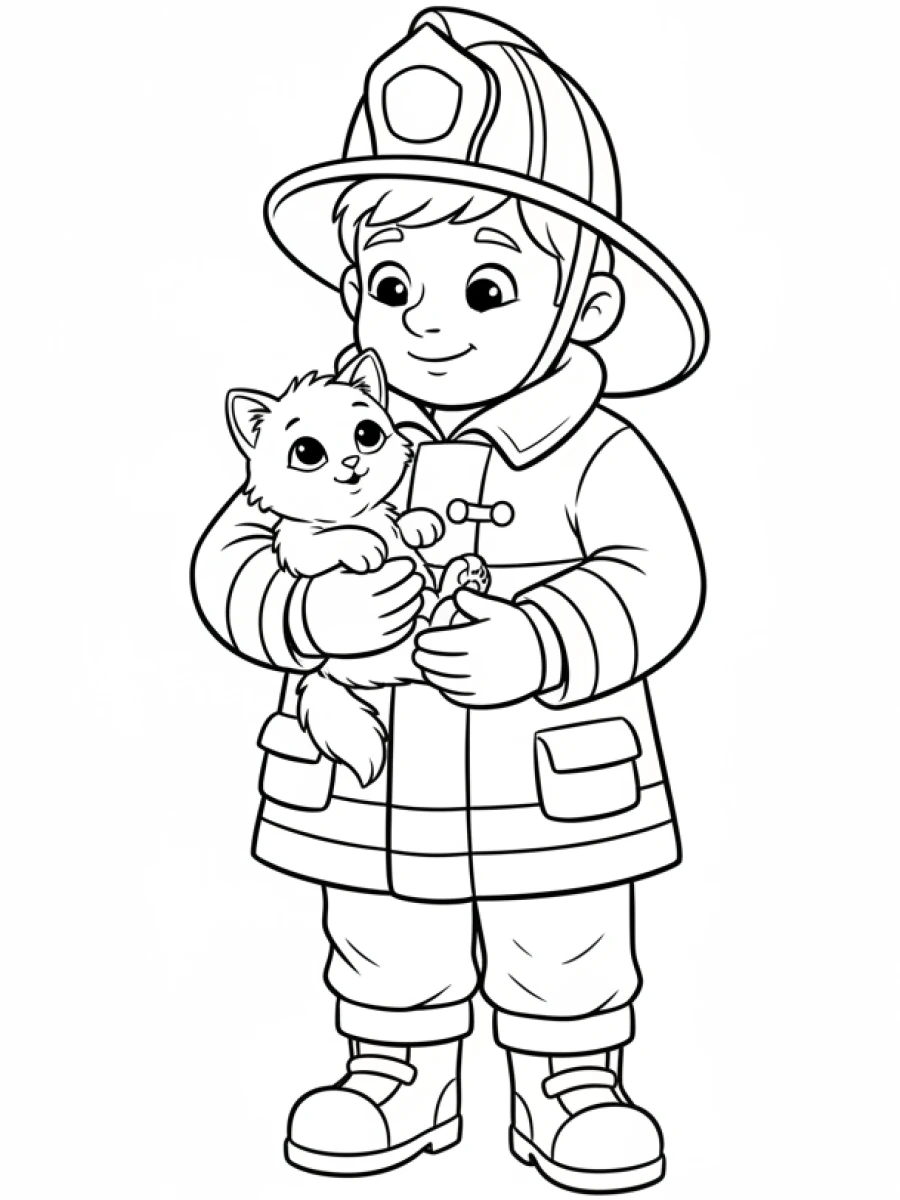 coloriage pompier — Un pompier souriant tenant délicatement un petit chat dans ses bras.