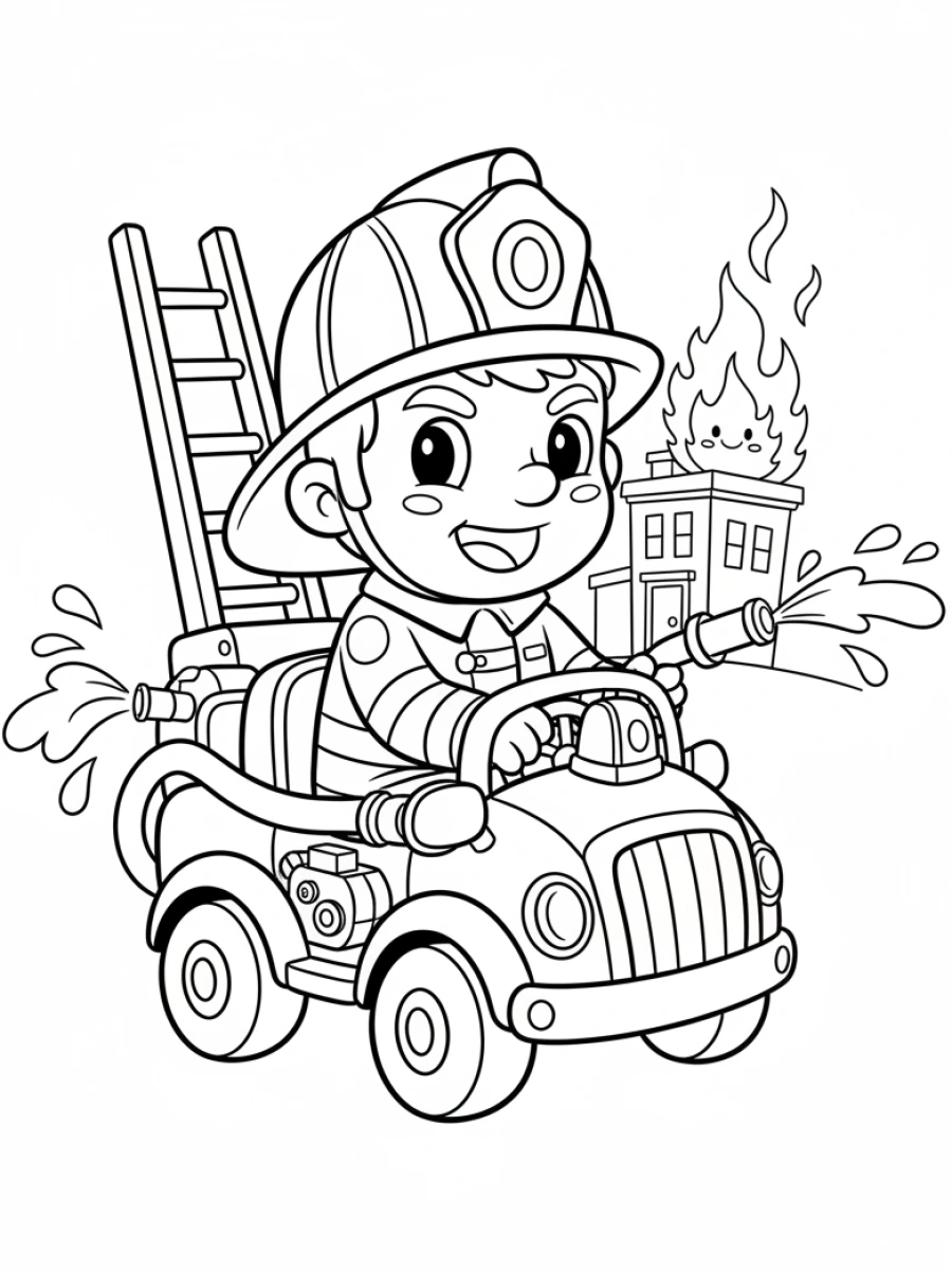 coloriage pompier — Un pompier concentré au volant d'une petite voiture d'intervention rapide, avec son casque.