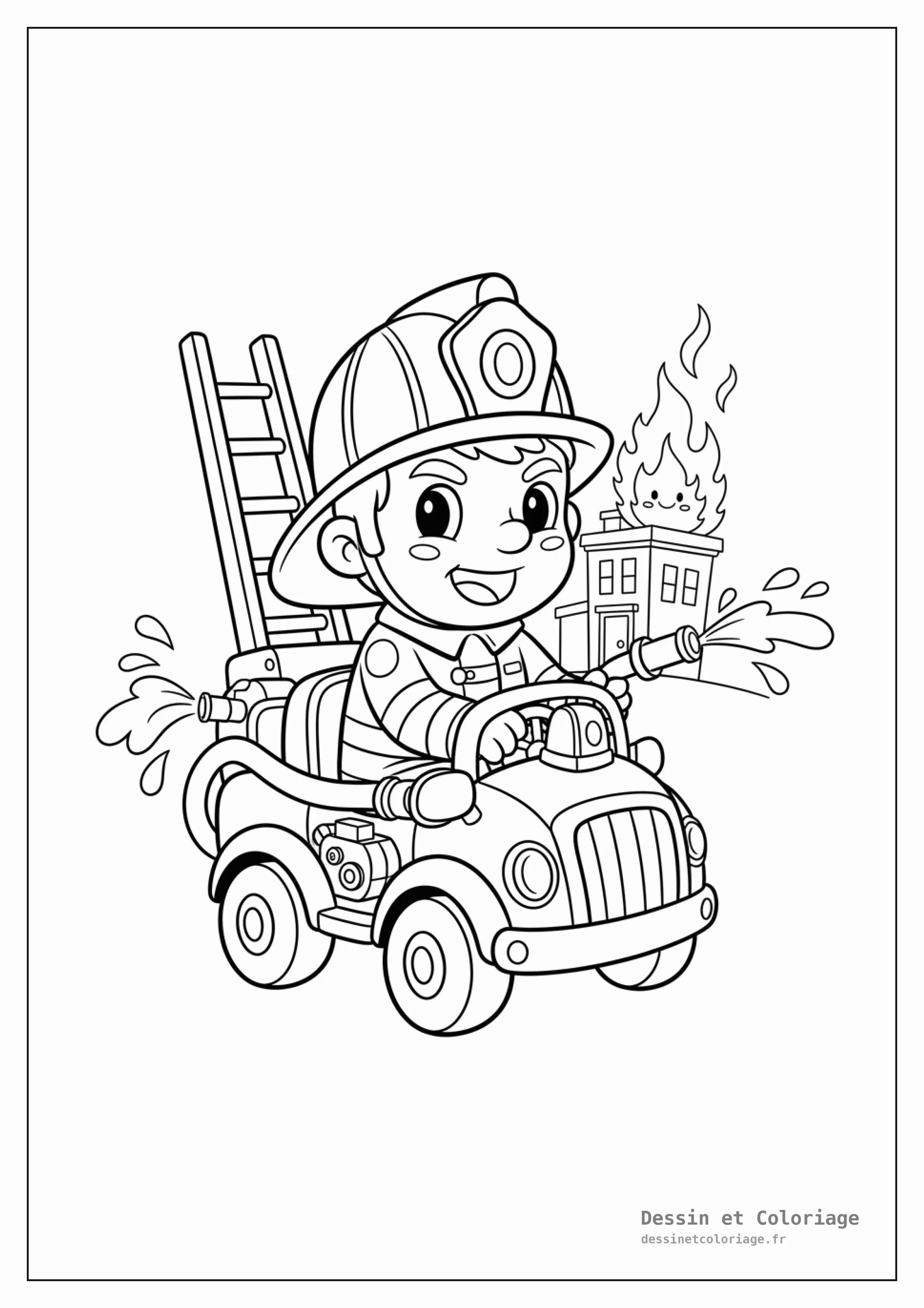 coloriage pompier — Un pompier concentré au volant d'une petite voiture d'intervention rapide, avec son casque.