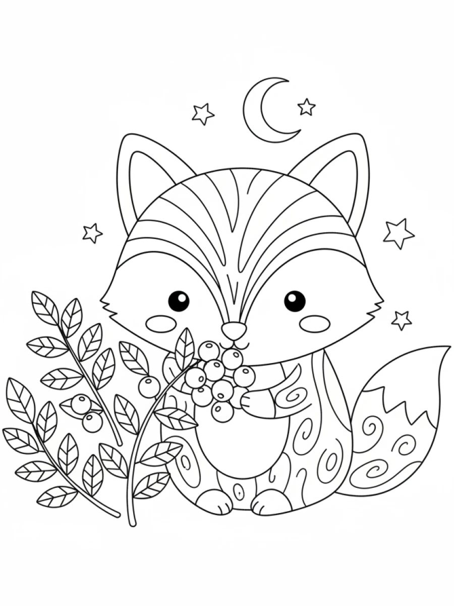 coloriage renard — Renard mignon, grignotant des baies sauvages d'un petit buisson, avec quelques feuilles et branches visibles.