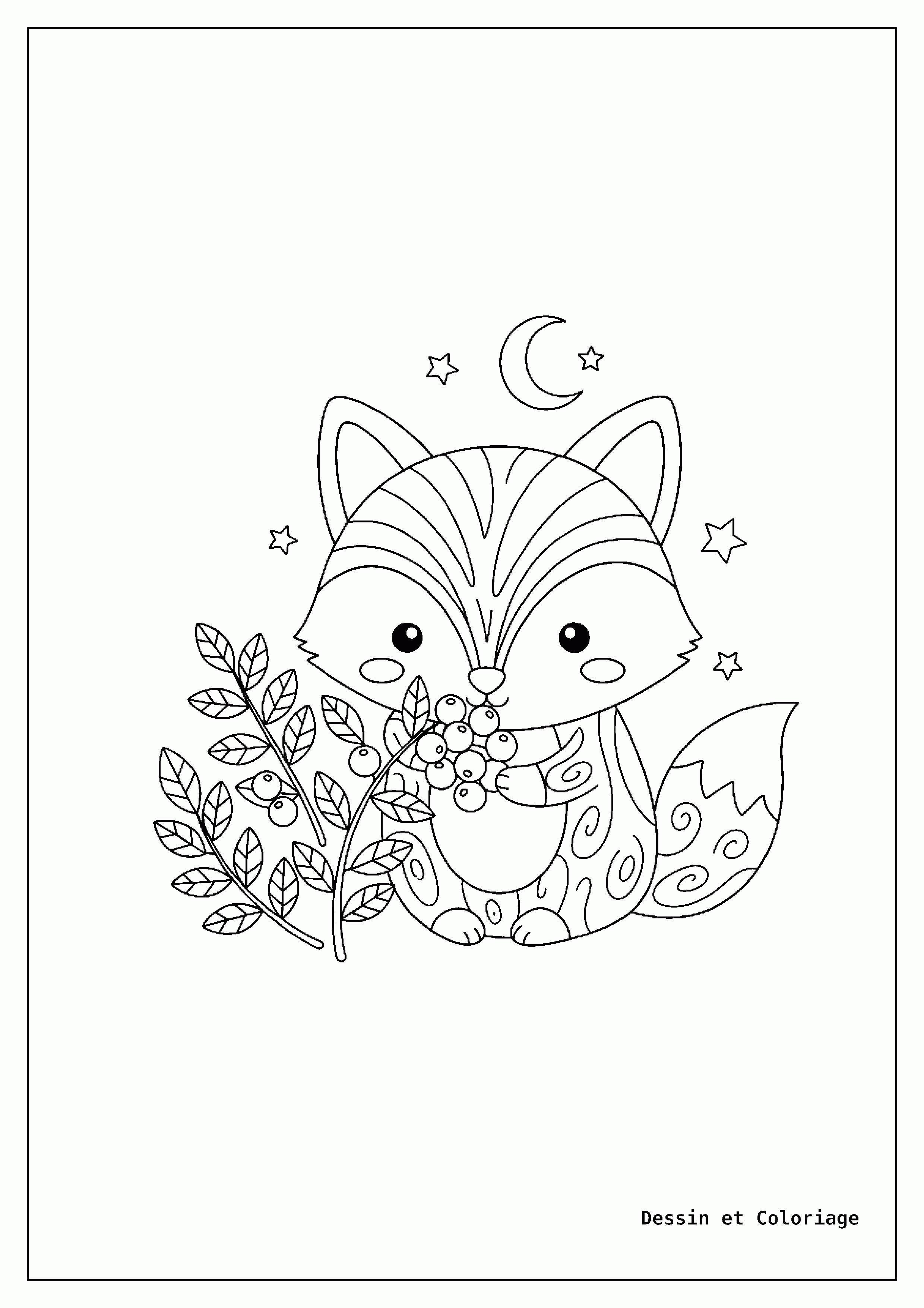 coloriage renard — Renard mignon, grignotant des baies sauvages d'un petit buisson, avec quelques feuilles et branches visibles.
