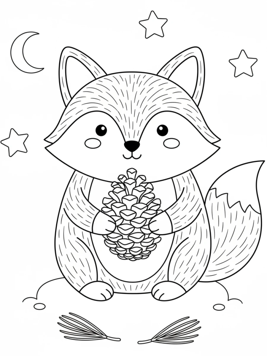 coloriage renard — Renard souriant, tenant une grande pomme de pin dans ses pattes, avec quelques aiguilles de pin éparses.