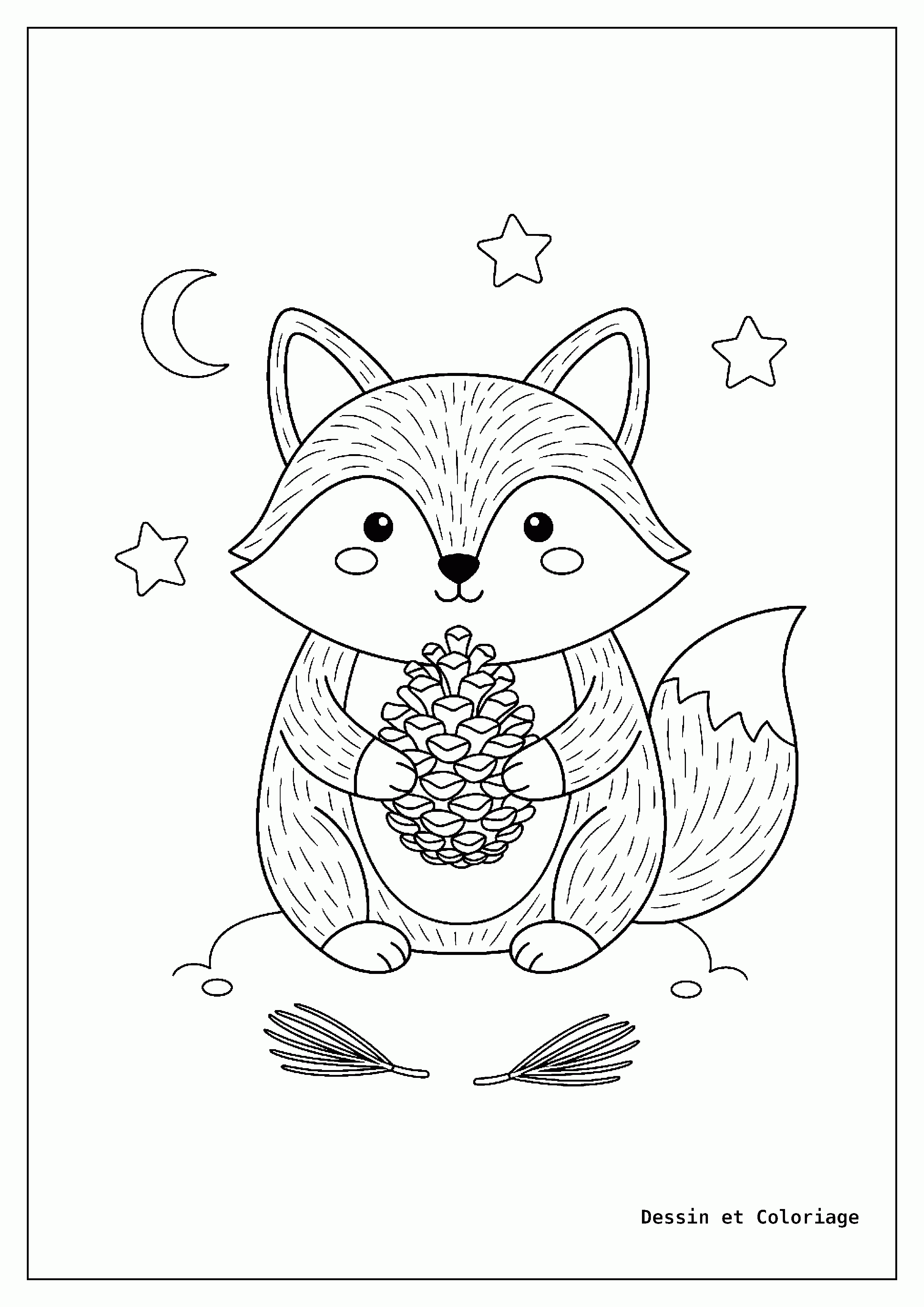 coloriage renard — Renard souriant, tenant une grande pomme de pin dans ses pattes, avec quelques aiguilles de pin éparses.