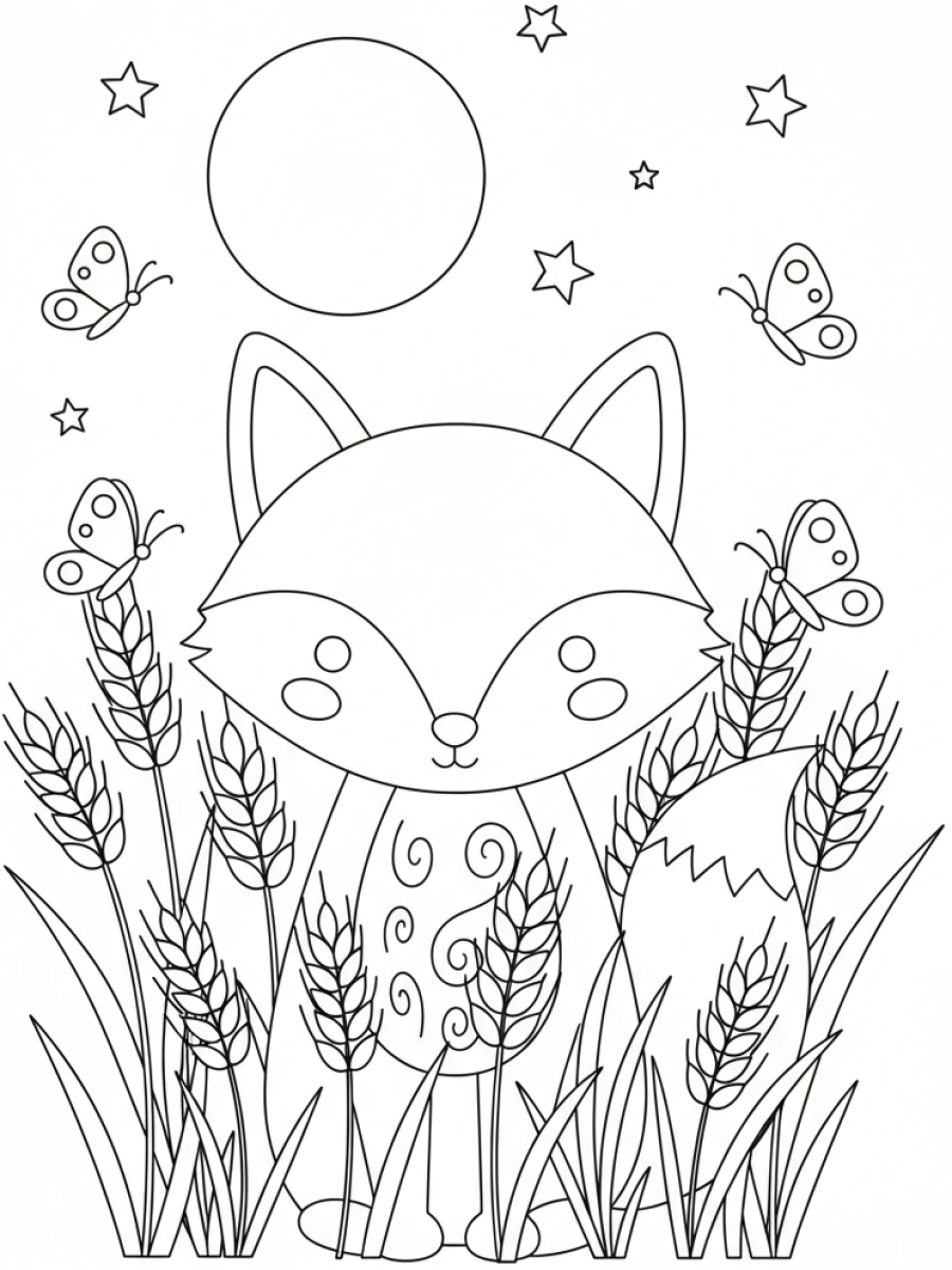 Coloriage renard dans un champ de blé