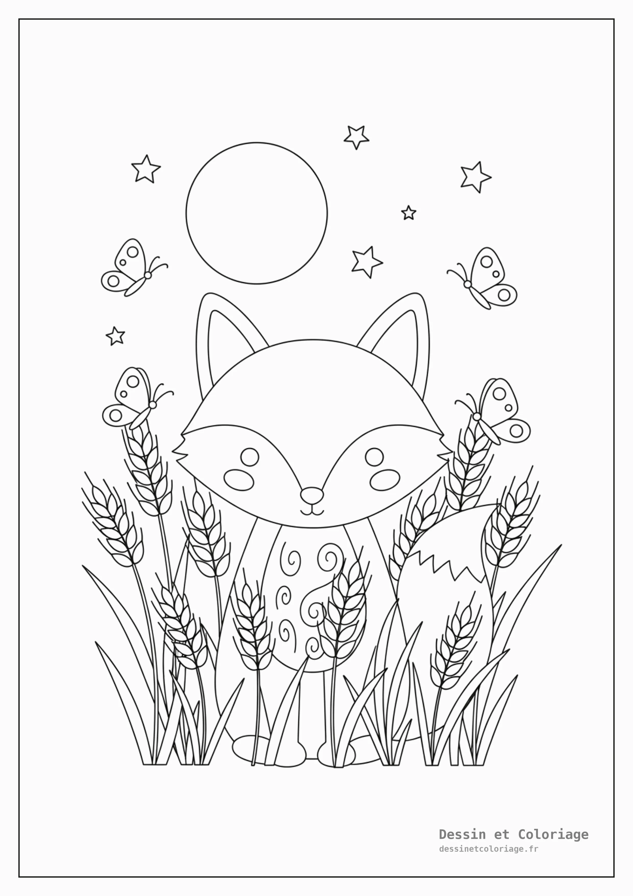 coloriage renard — Renard élégant, partiellement caché par de hautes tiges de blé dans un champ, avec des papillons voletant autour.