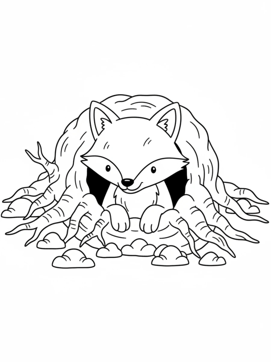Coloriage renard dans son terrier
