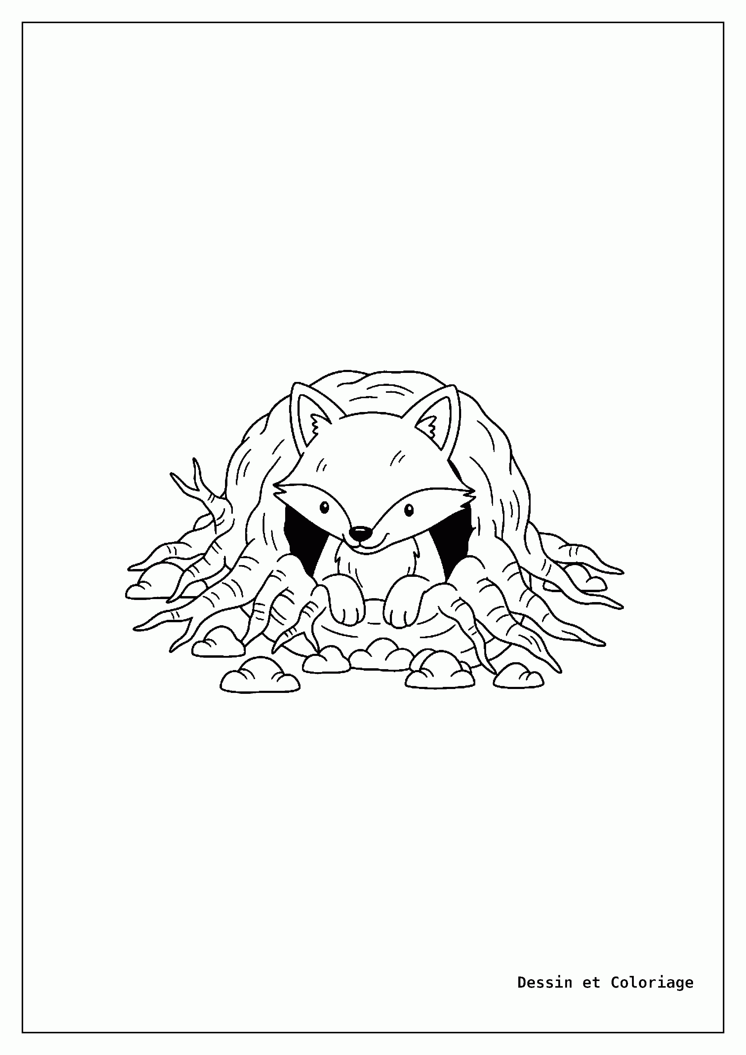 coloriage renard — Renard sortant la tête de son terrier, entouré de racines et de terre, sous un arbre.