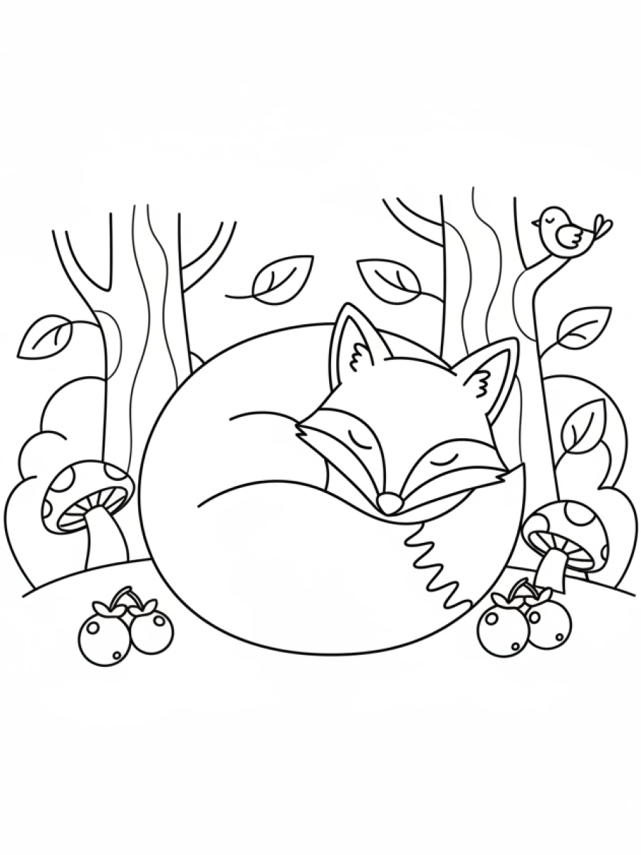 Coloriage renard endormi en forêt