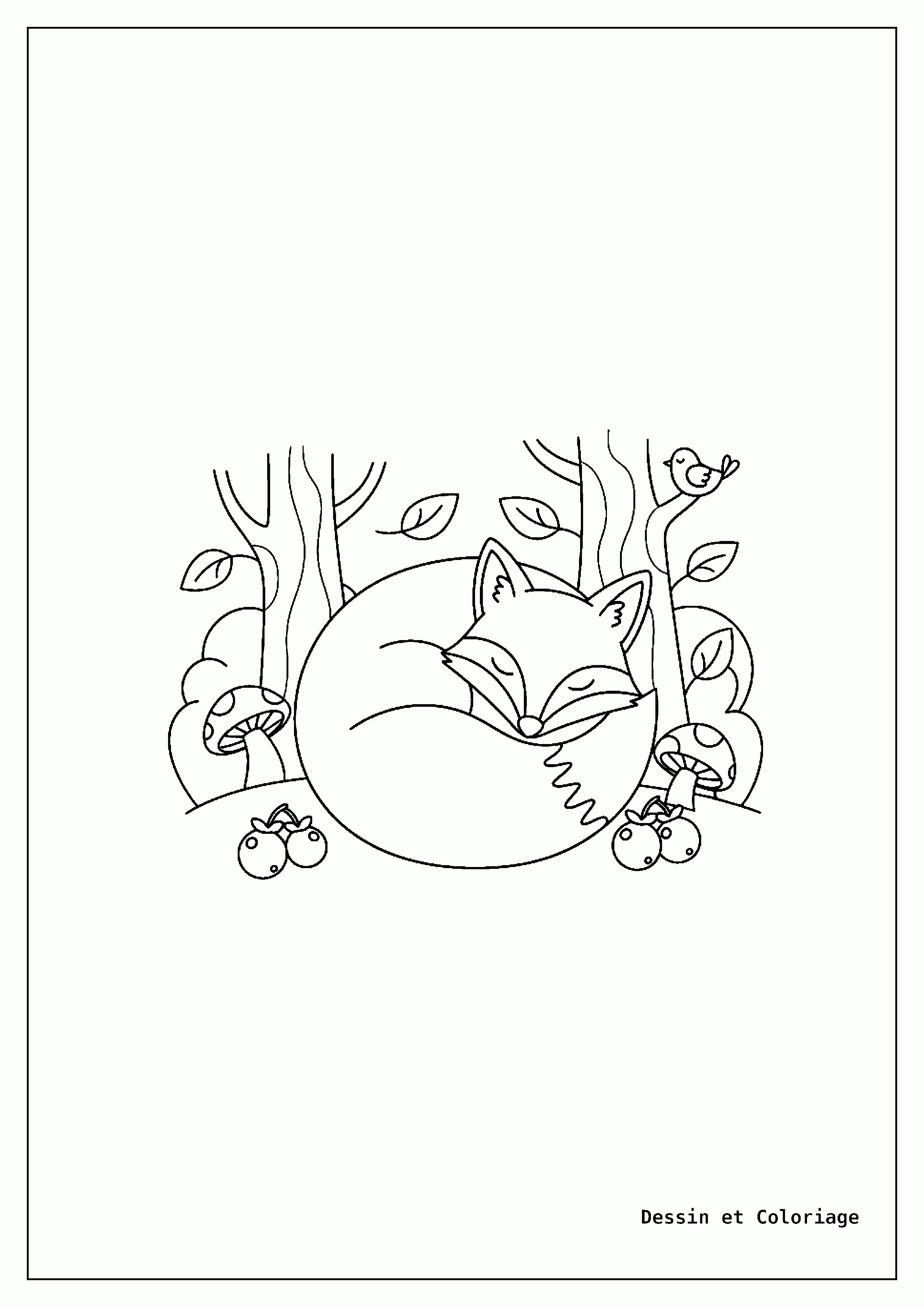 coloriage renard — Renard endormi, recroquevillé dans un lit de feuilles, des arbres en arrière-plan et un champignon.